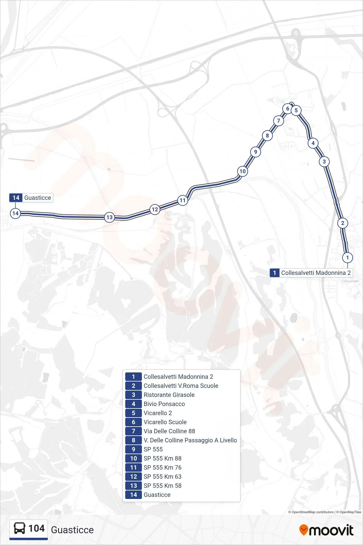 Linea 104 bus (Guasticce) - Percorsi e fermate sulla mappa
