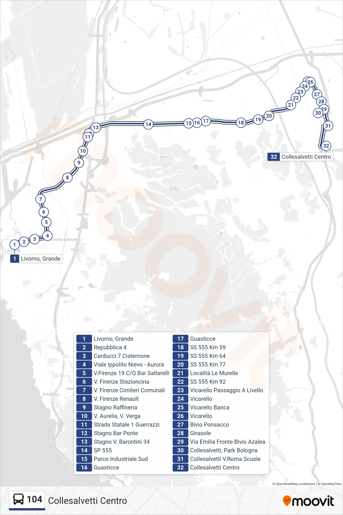 Linea 104 bus (Collesalvetti Centro) - Percorsi e fermate sulla mappa
