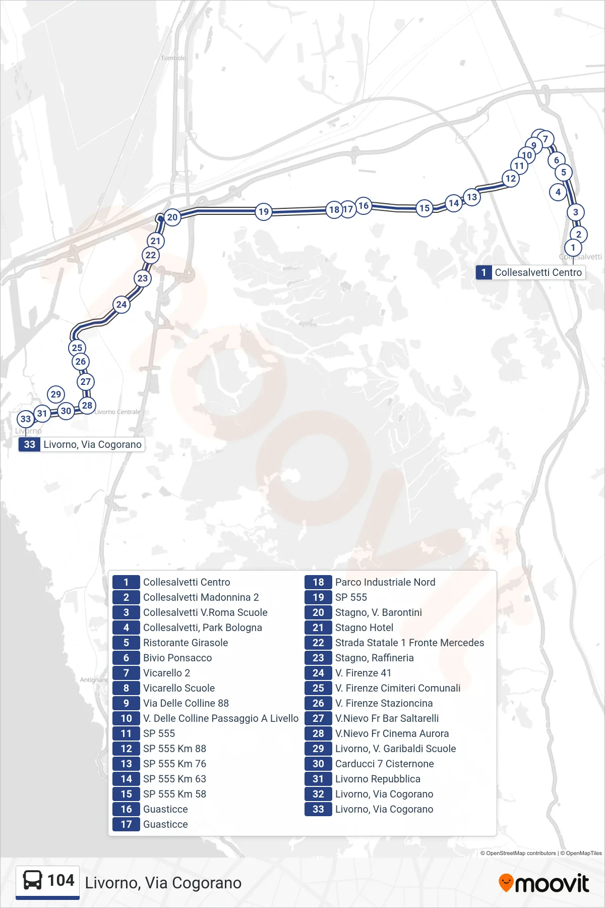 Linea 104  bus (Livorno, Via Cogorano) - Percorsi e fermate sulla mappa