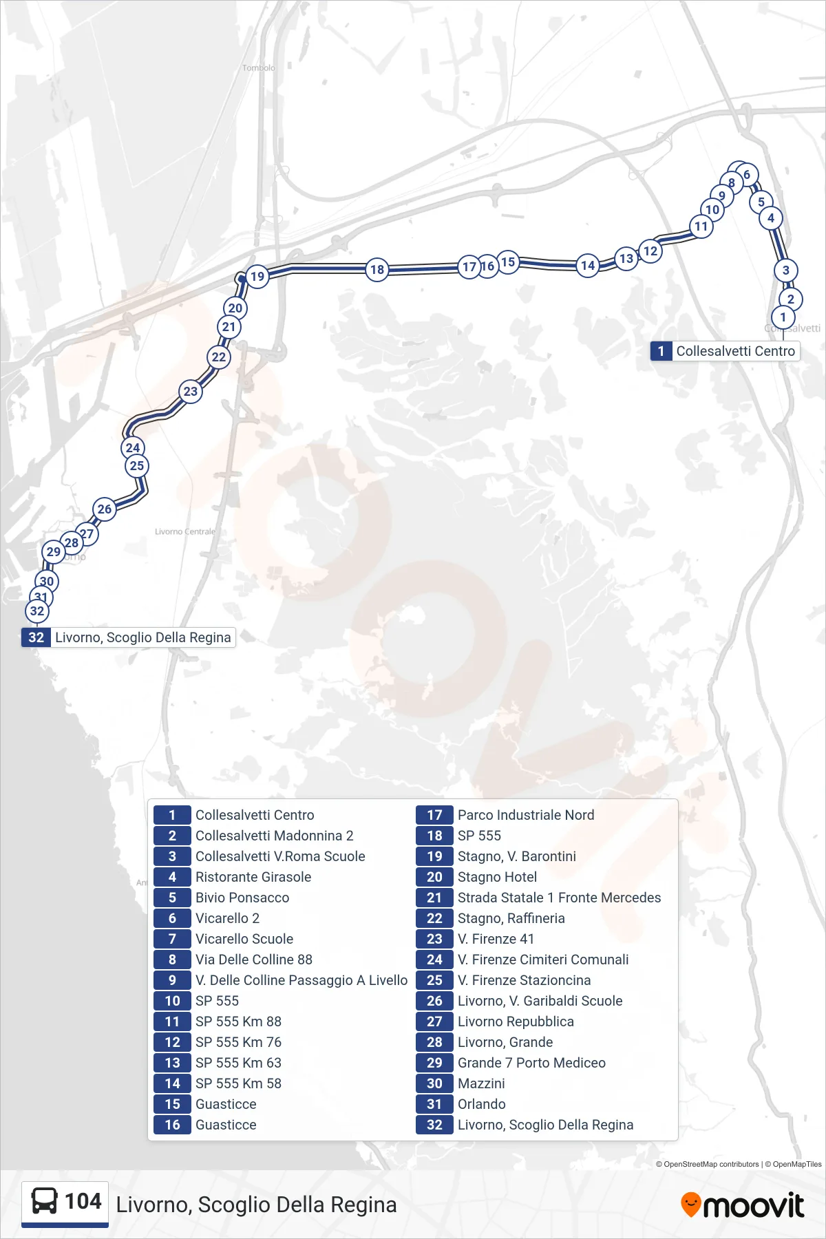 Linea 104 bus (Livorno, Scoglio Della Regina) - Percorsi e fermate sulla mappa