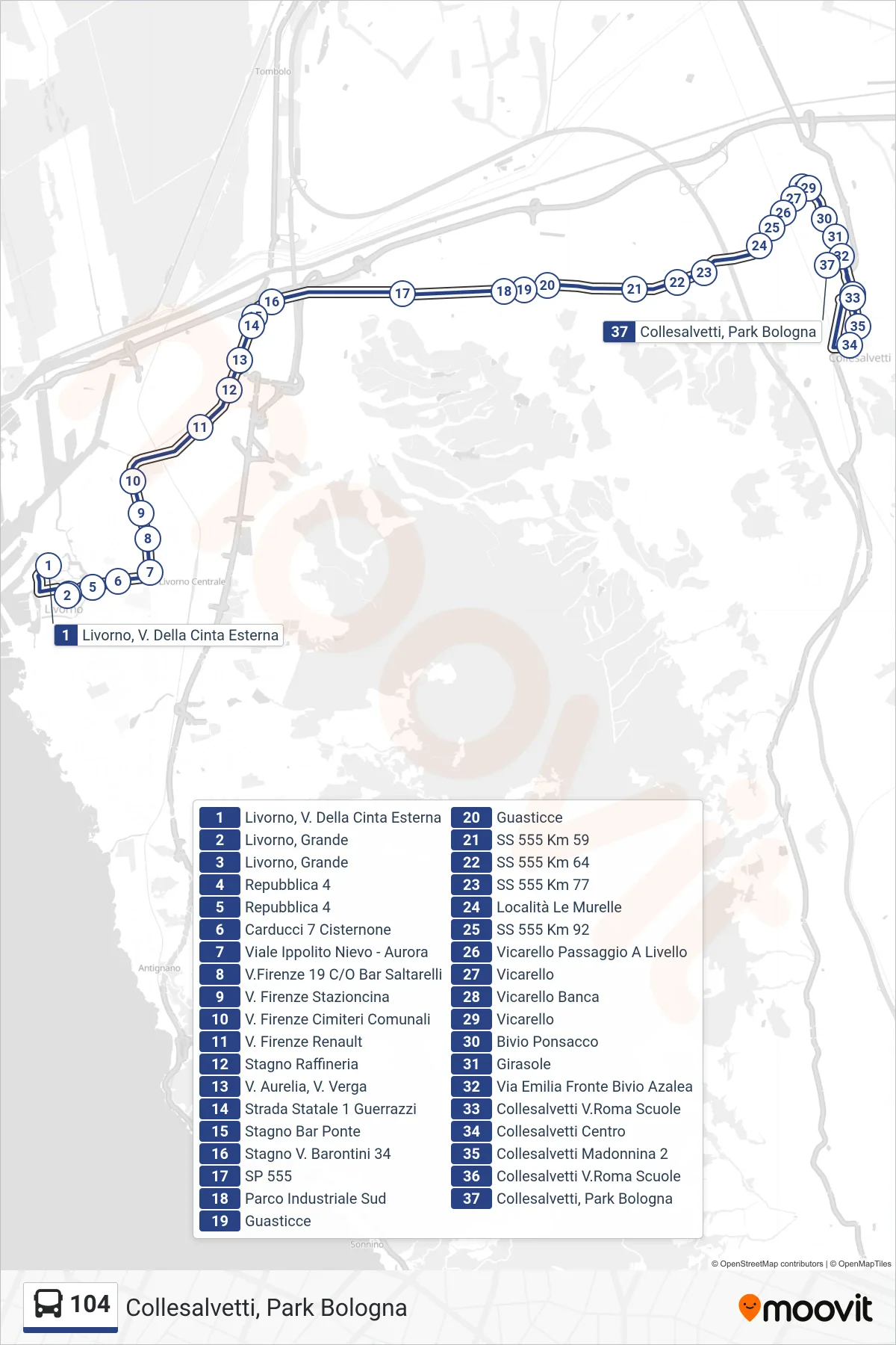 Linea 104 bus (Collesalvetti, Park Bologna) - Percorsi e fermate sulla mappa