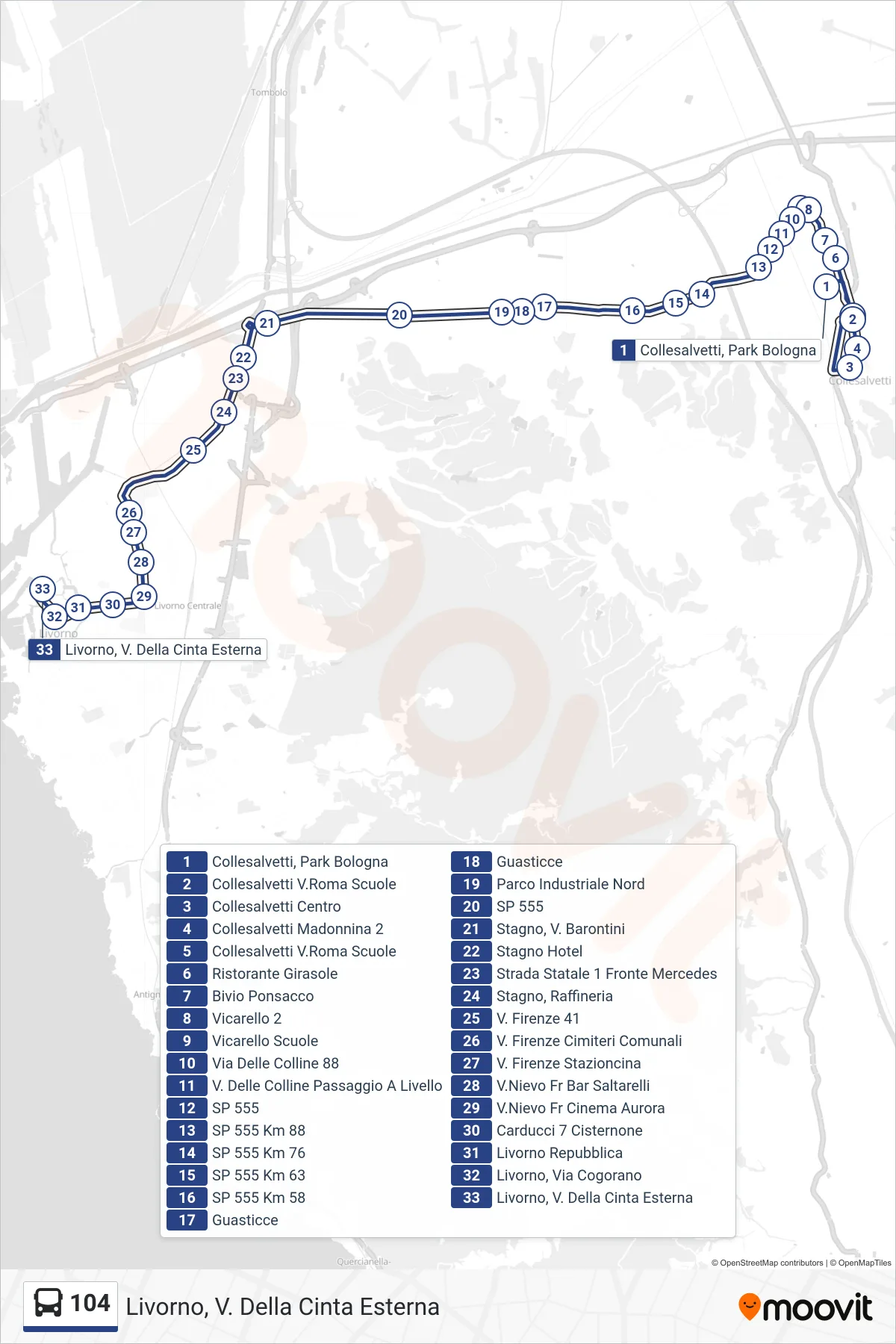 Linea 104 bus (Livorno, V. Della Cinta Esterna) - Percorsi e fermate sulla mappa