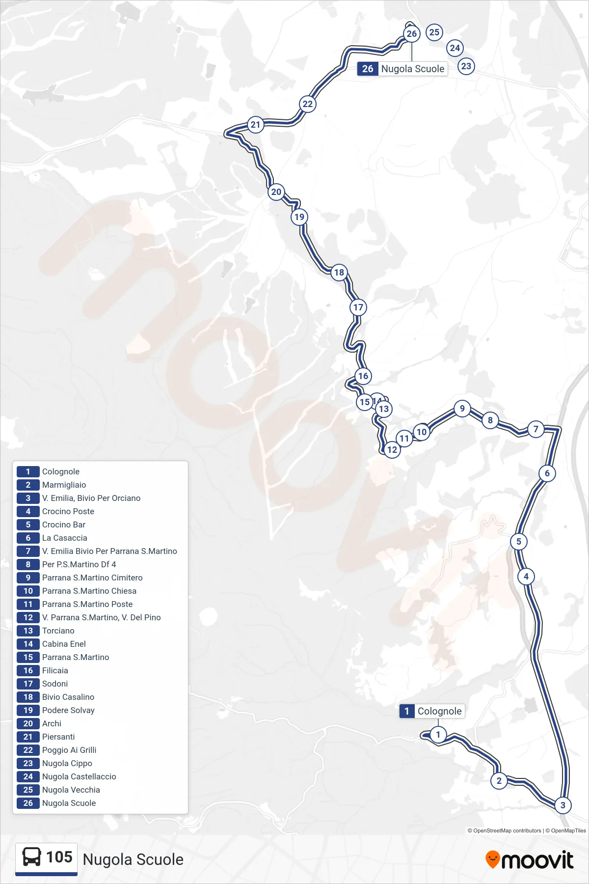105 bus Line (Nugola Schools) route and stops on a map