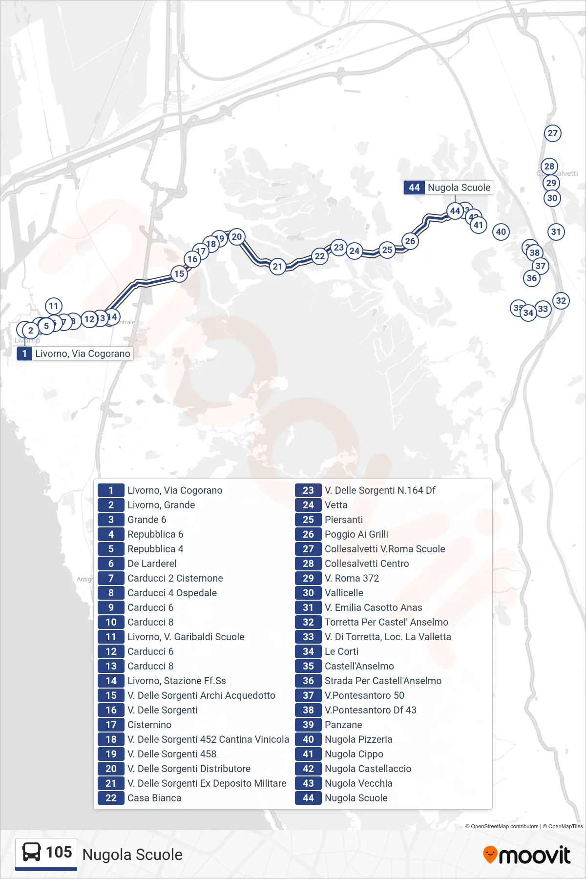 Linea 105 bus (Nugola Scuole) - Percorsi e fermate sulla mappa