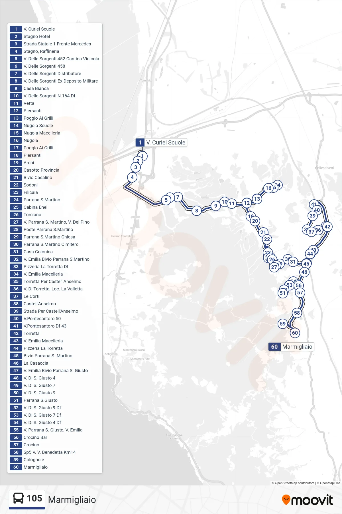 Linea 105 bus (Marmigliaio) - Percorsi e fermate sulla mappa