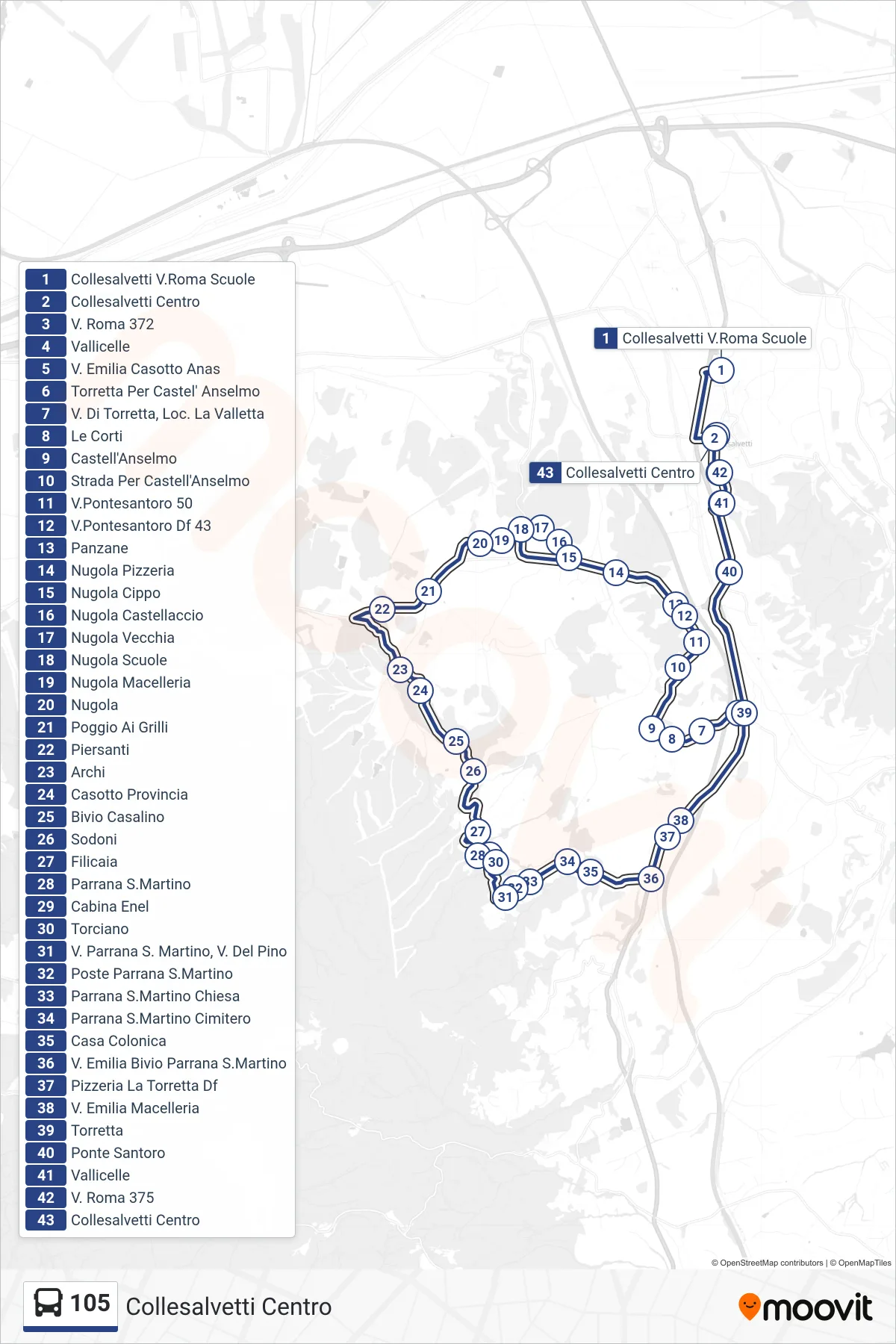 Linea 105 bus (Collesalvetti Centro) - Percorsi e fermate sulla mappa