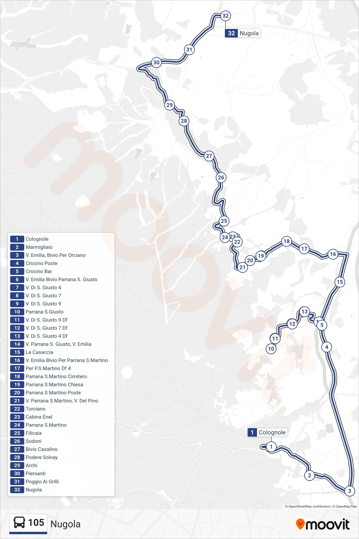 Linea 105 bus (Nugola) - Percorsi e fermate sulla mappa