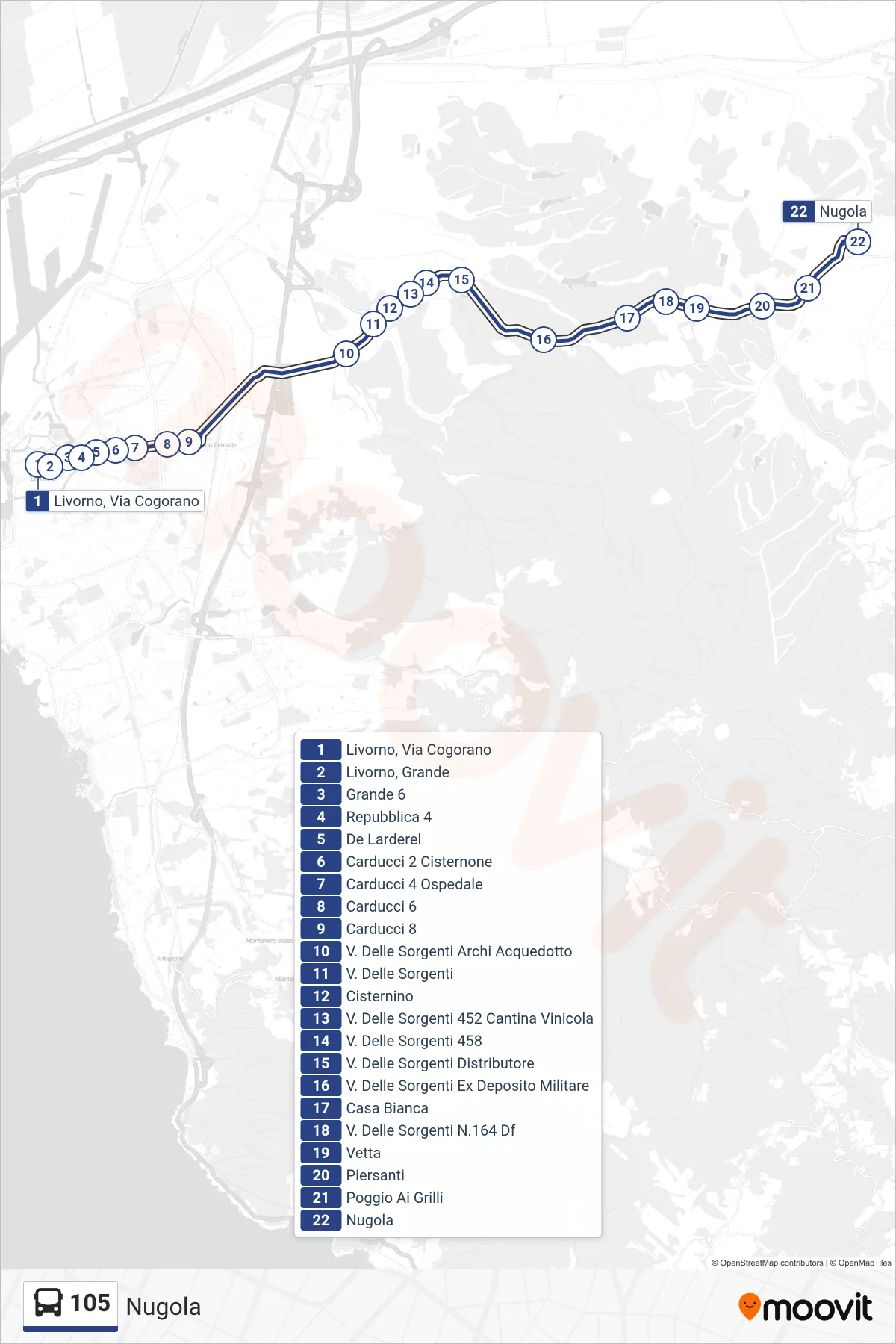Linea 105 bus (Nugola) - Percorsi e fermate sulla mappa