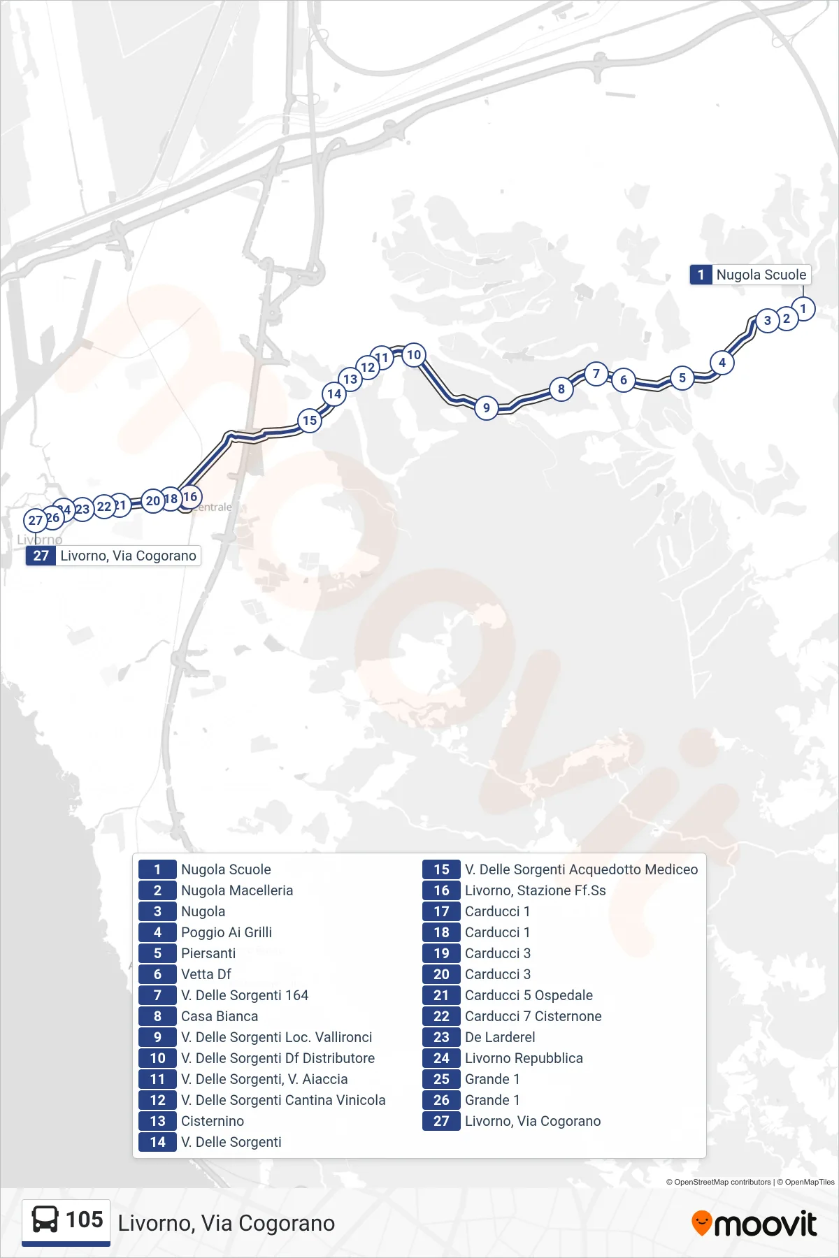 Linea 105 bus (Livorno, Via Cogorano) - Percorsi e fermate sulla mappa