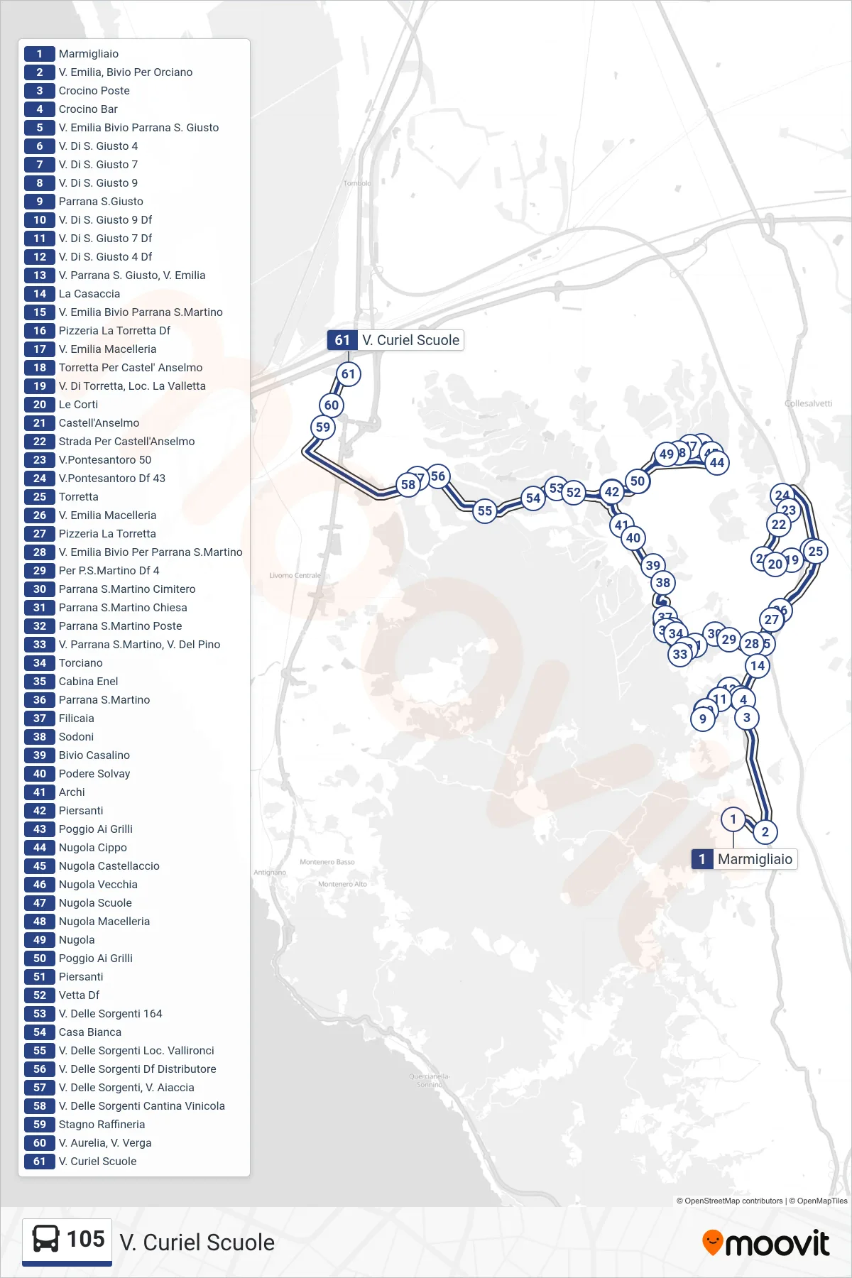 Linea 105 bus (V. Curiel Scuole) - Percorsi e fermate sulla mappa