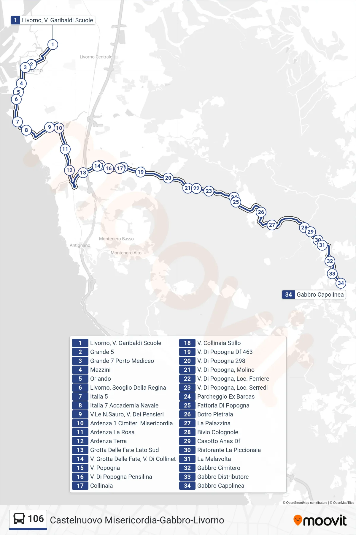 Linea 106  bus (Gabbro Capolinea) - Percorsi e fermate sulla mappa
