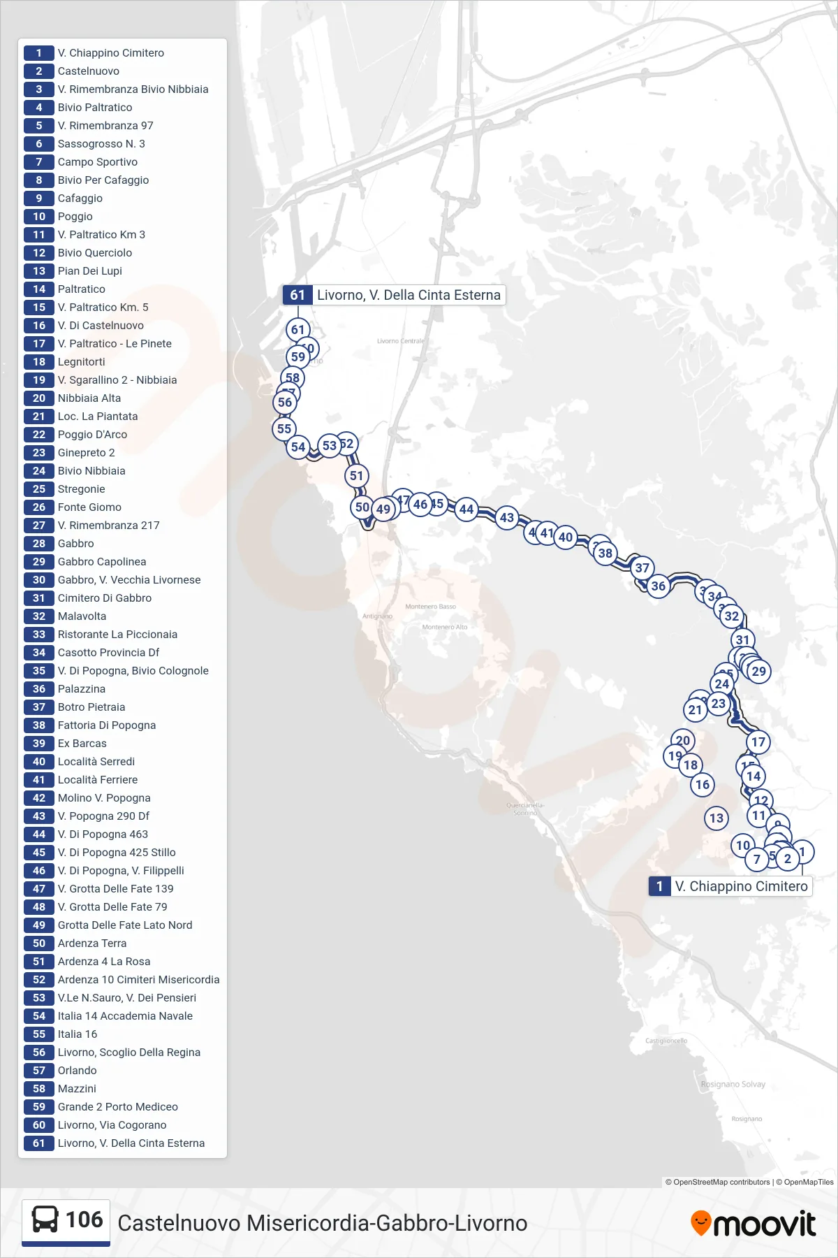 Linea 106 bus (Livorno, V. Della Cinta Esterna) - Percorsi e fermate sulla mappa