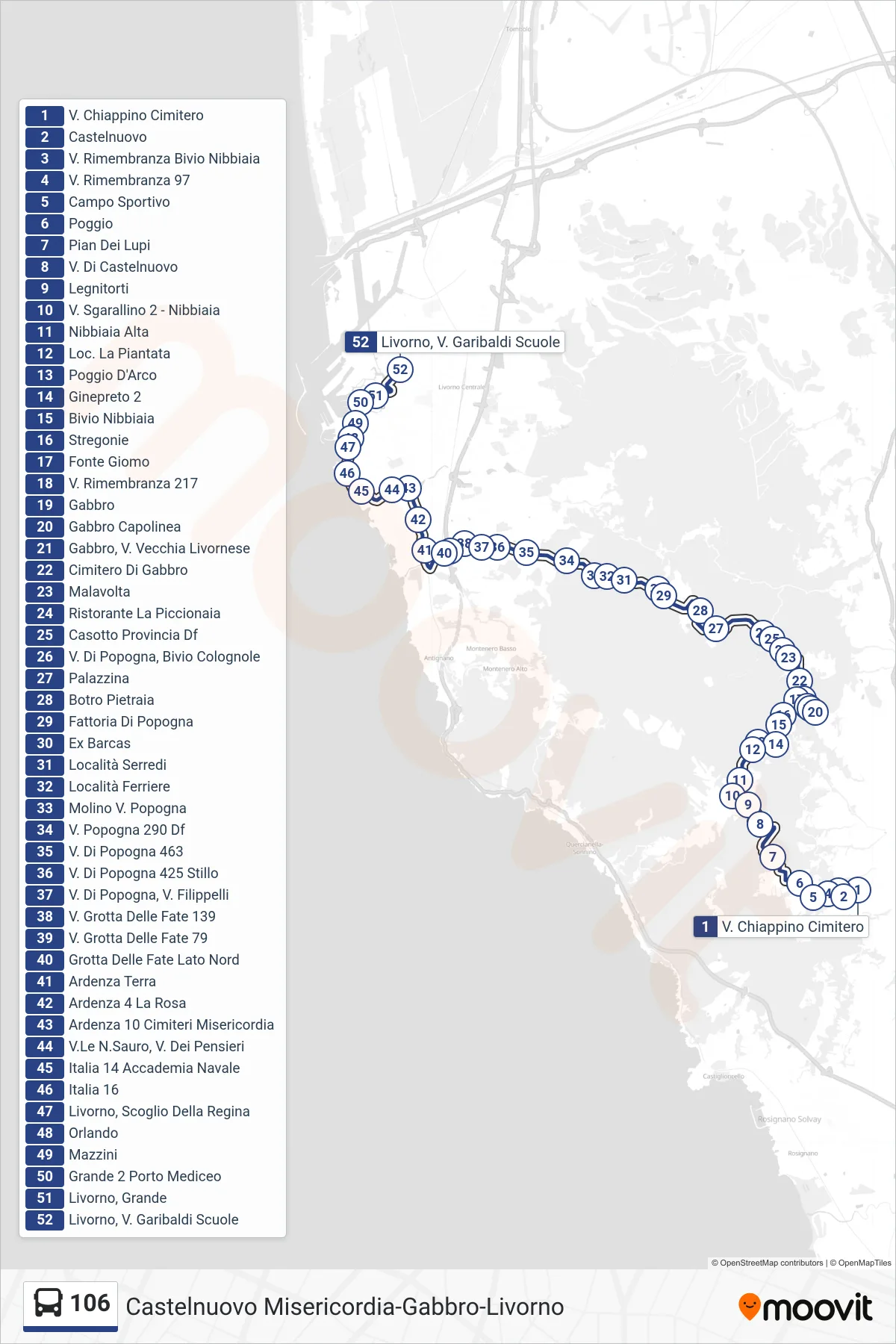 Linea 106 bus (Livorno, V. Garibaldi Scuole) - Percorsi e fermate sulla mappa