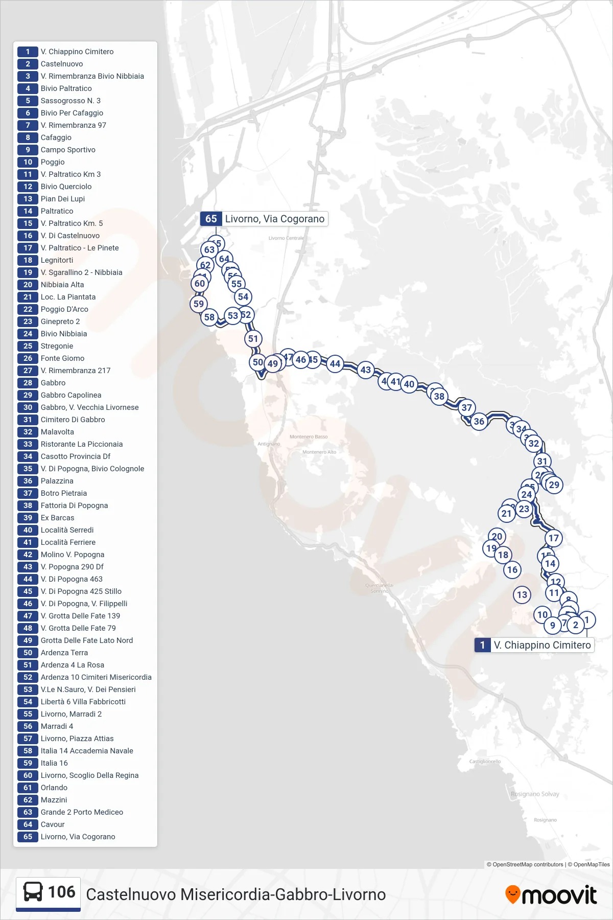 Linea 106  bus (Livorno, Via Cogorano) - Percorsi e fermate sulla mappa
