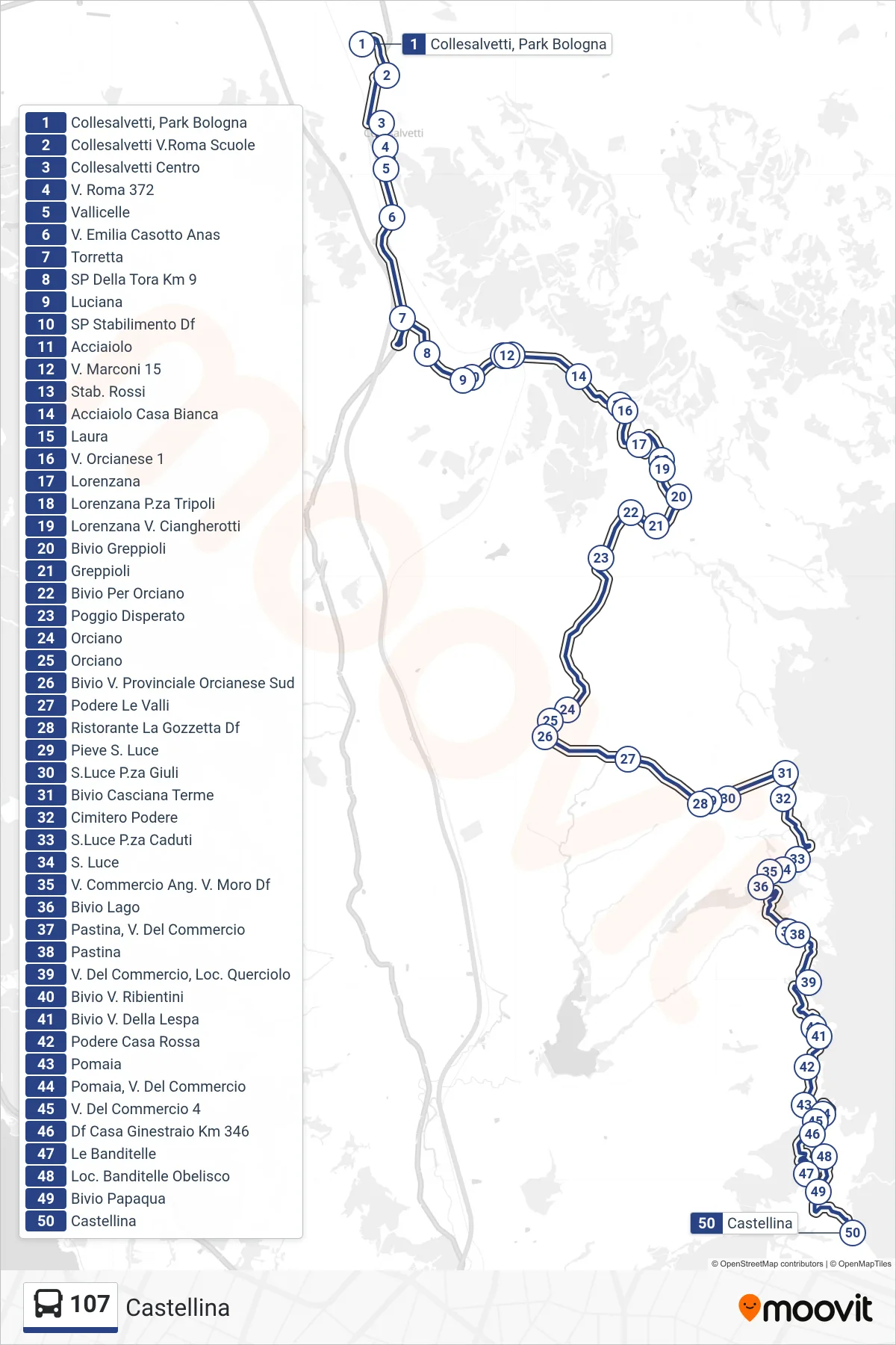 Linea 107 bus (Castellina) - Percorsi e fermate sulla mappa