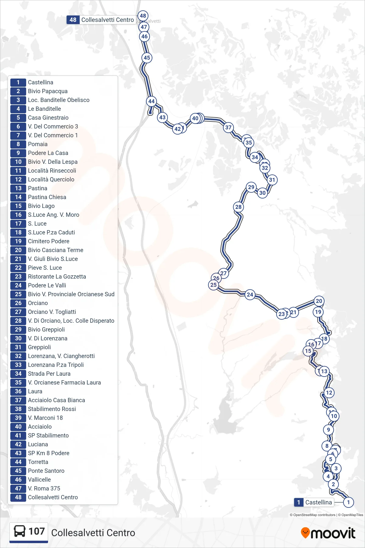 Linea 107 bus (Collesalvetti Centro) - Percorsi e fermate sulla mappa