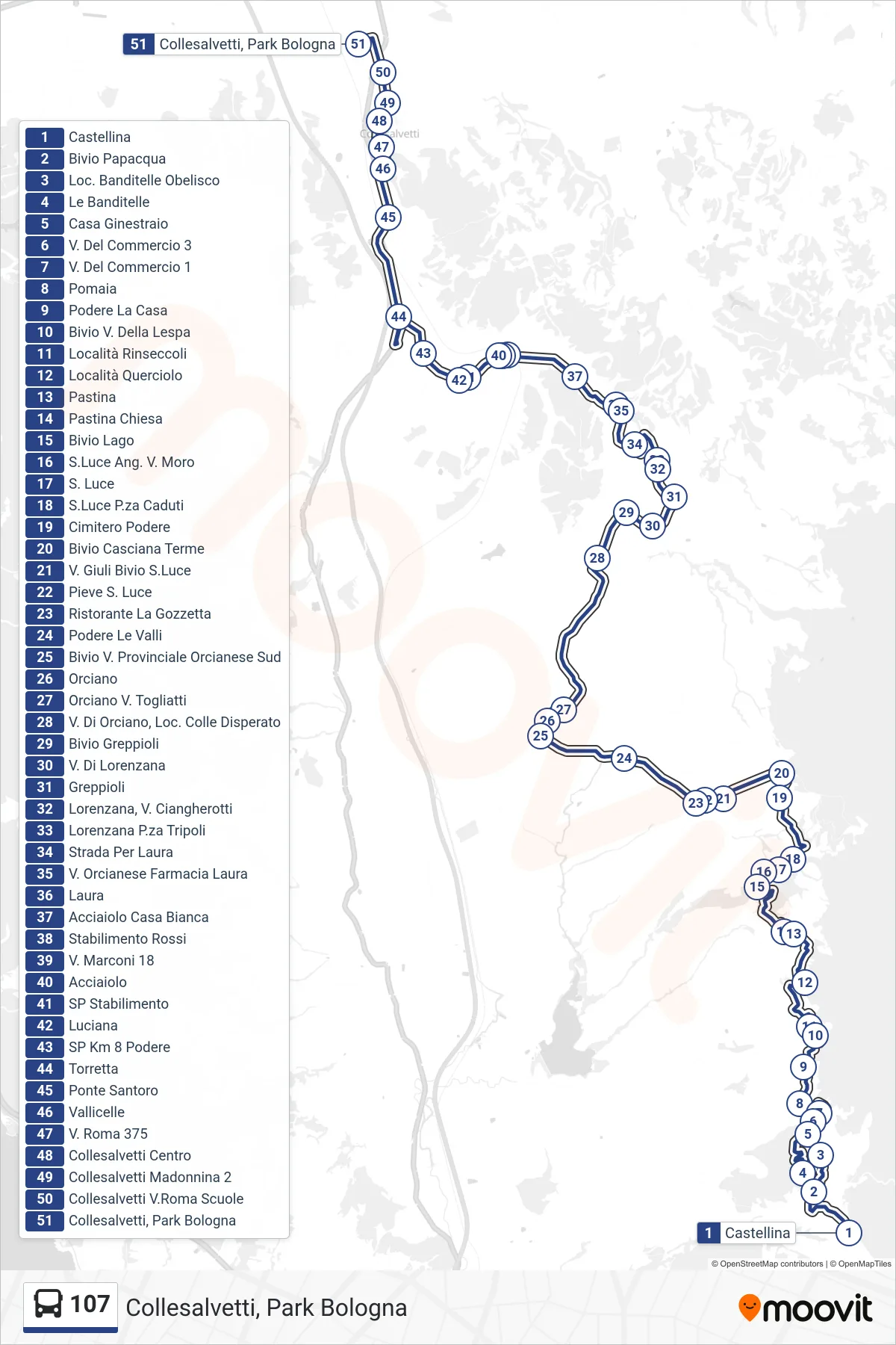 Linea 107  bus (Collesalvetti, Park Bologna) - Percorsi e fermate sulla mappa