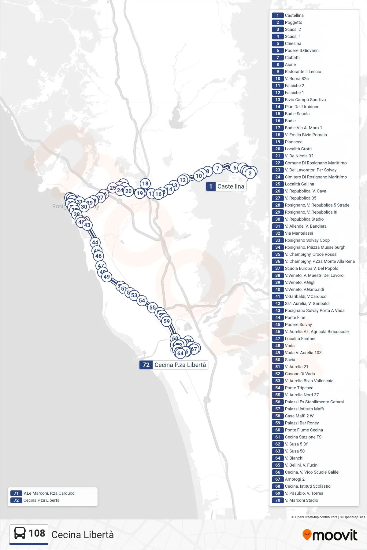 Linea 108 bus (Cecina Libertà) - Percorsi e fermate sulla mappa