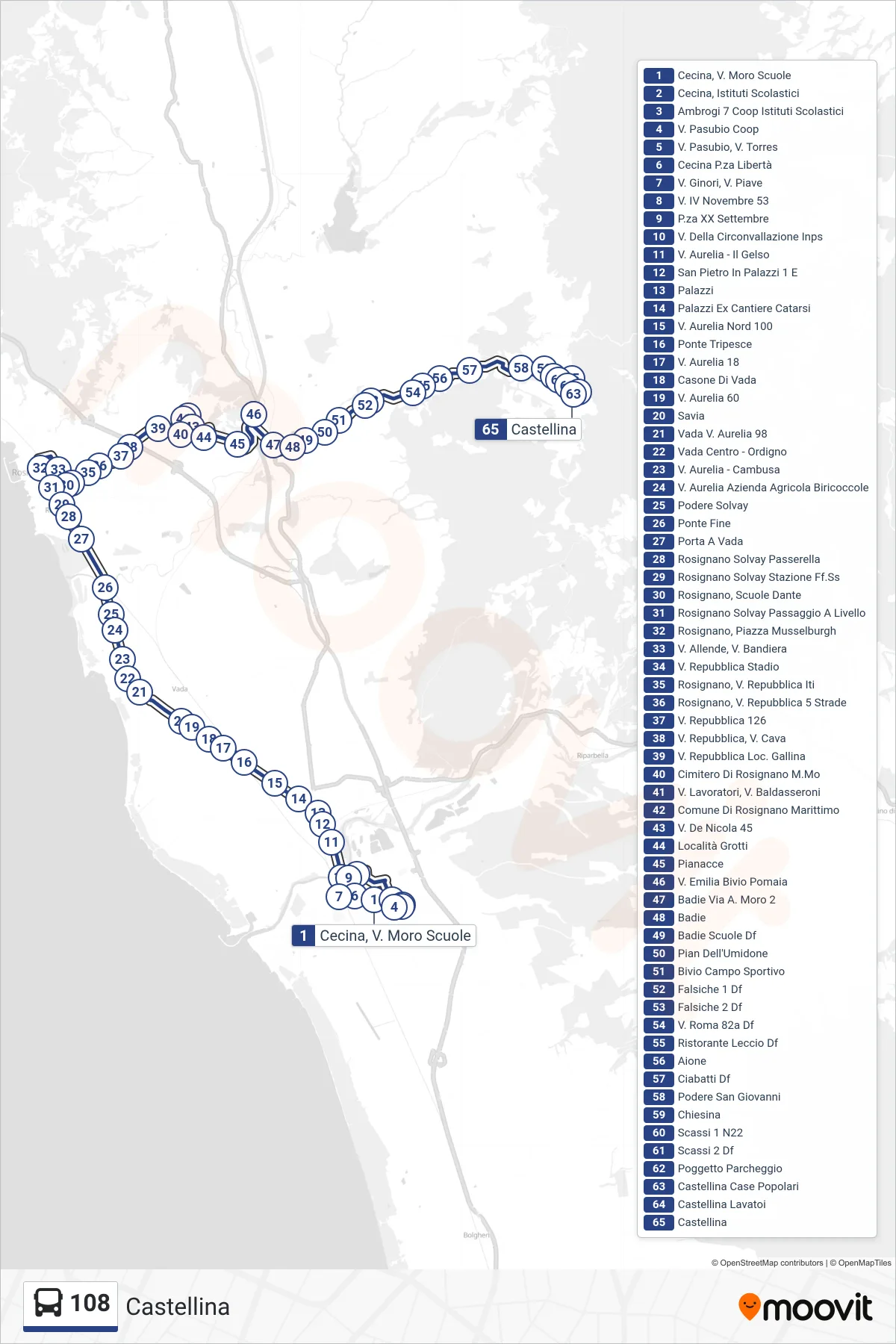 Linea 108 bus (Castellina) - Percorsi e fermate sulla mappa