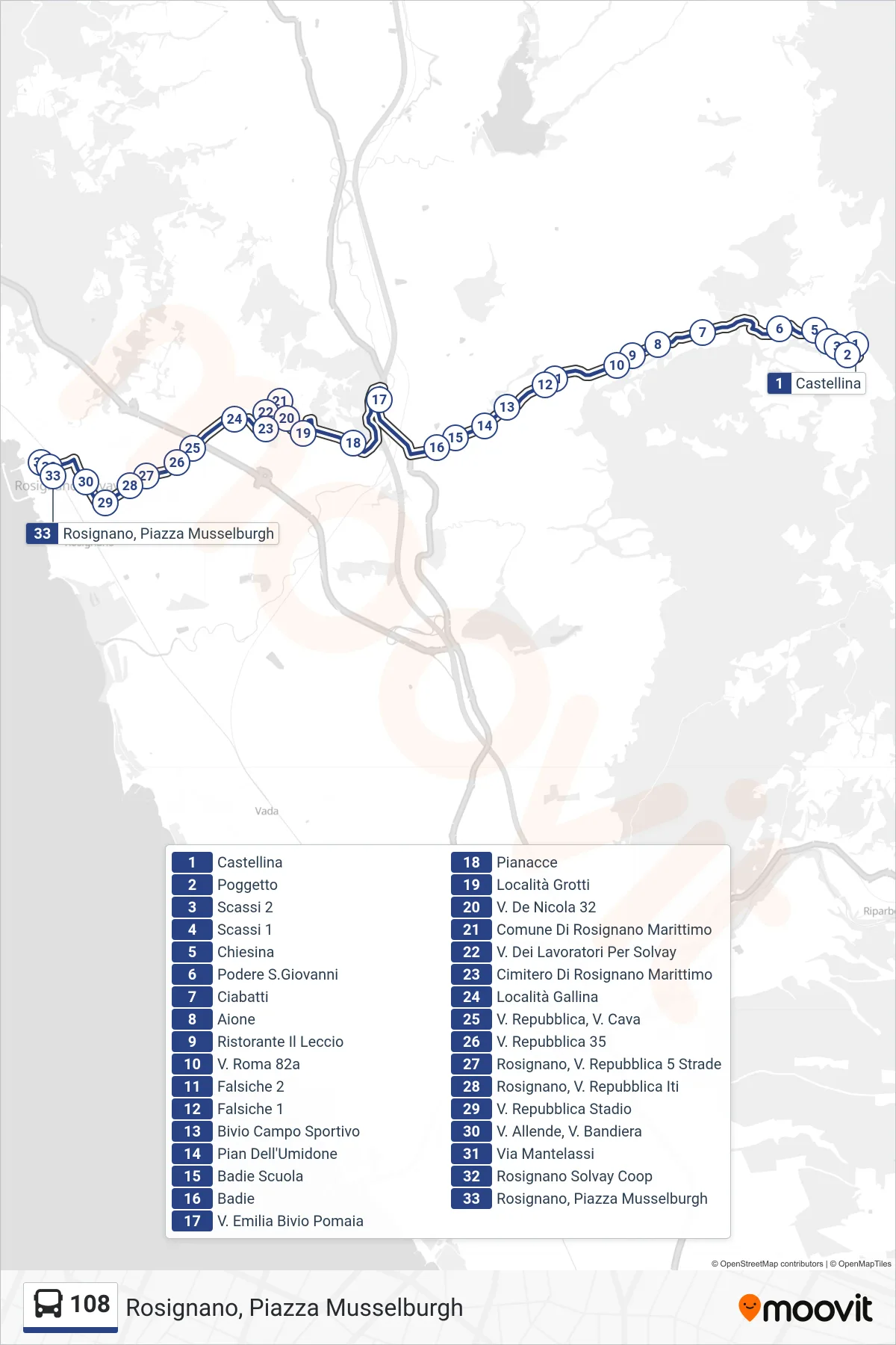 Linea 108 bus (Rosignano, Piazza Musselburgh) - Percorsi e fermate sulla mappa