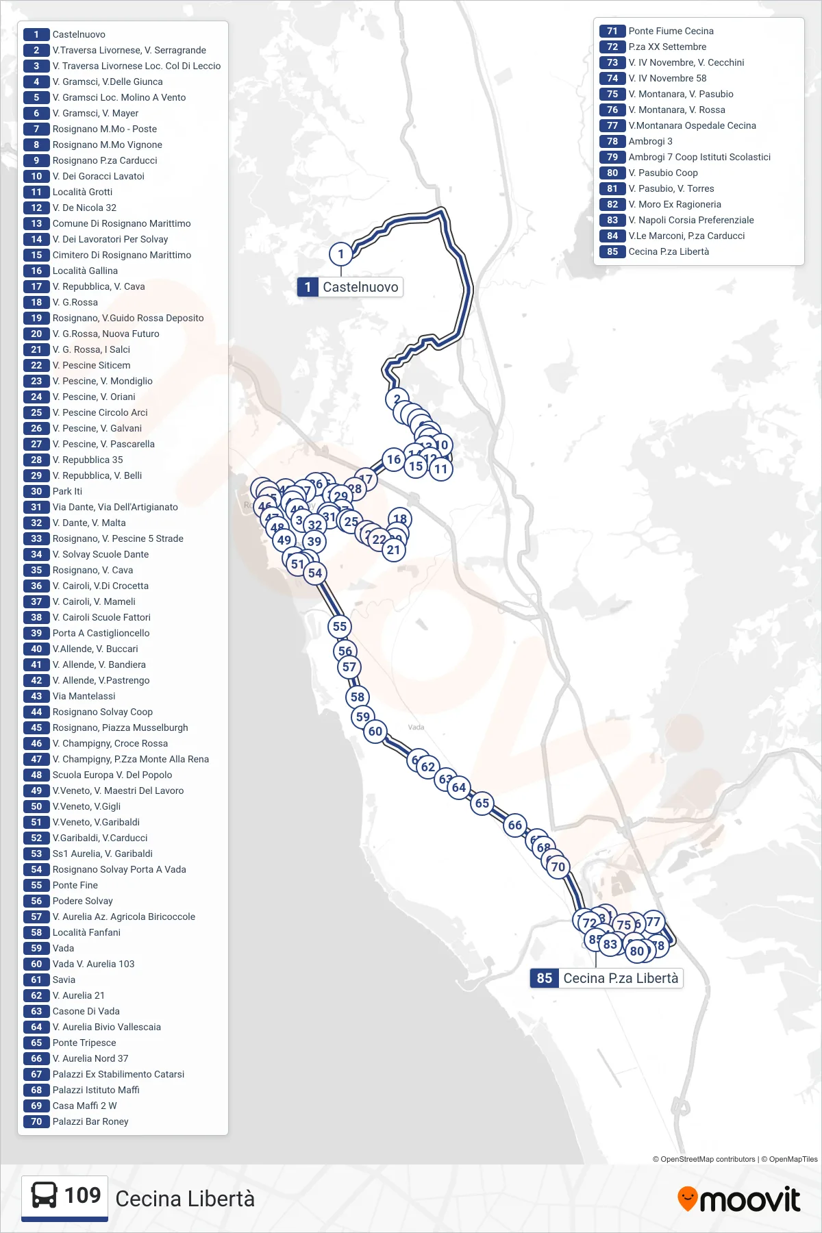 Linea 109 bus (Cecina Libertà) - Percorsi e fermate sulla mappa