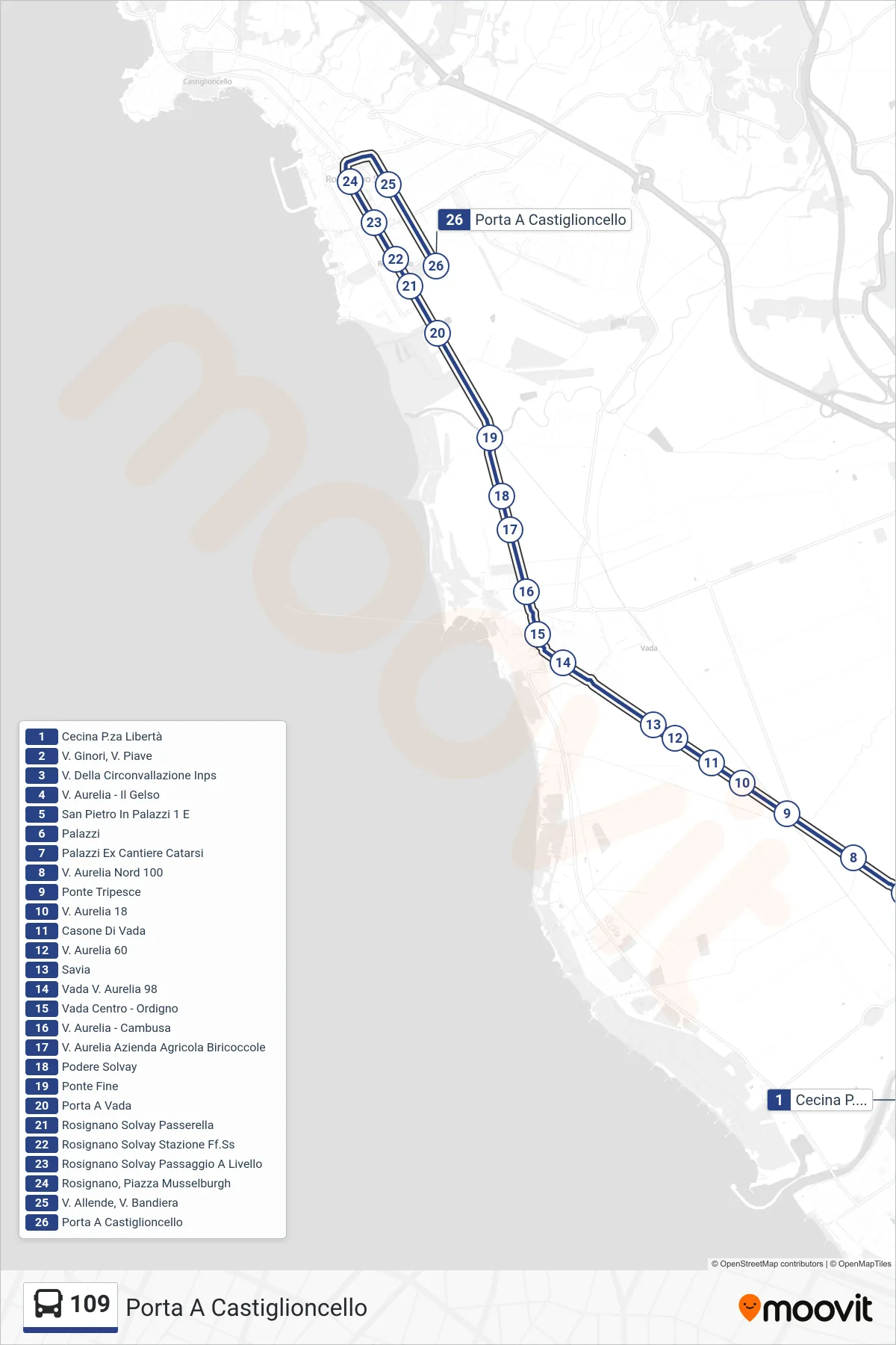 Linea 109 bus (Porta A Castiglioncello) - Percorsi e fermate sulla mappa