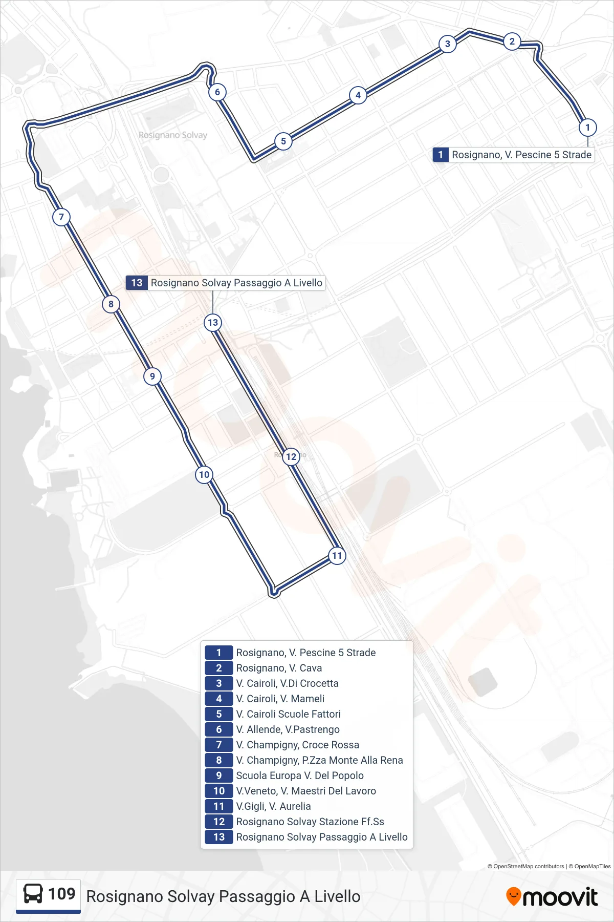 Linea 109 bus (Rosignano Solvay Passaggio A Livello) - Percorsi e fermate sulla mappa