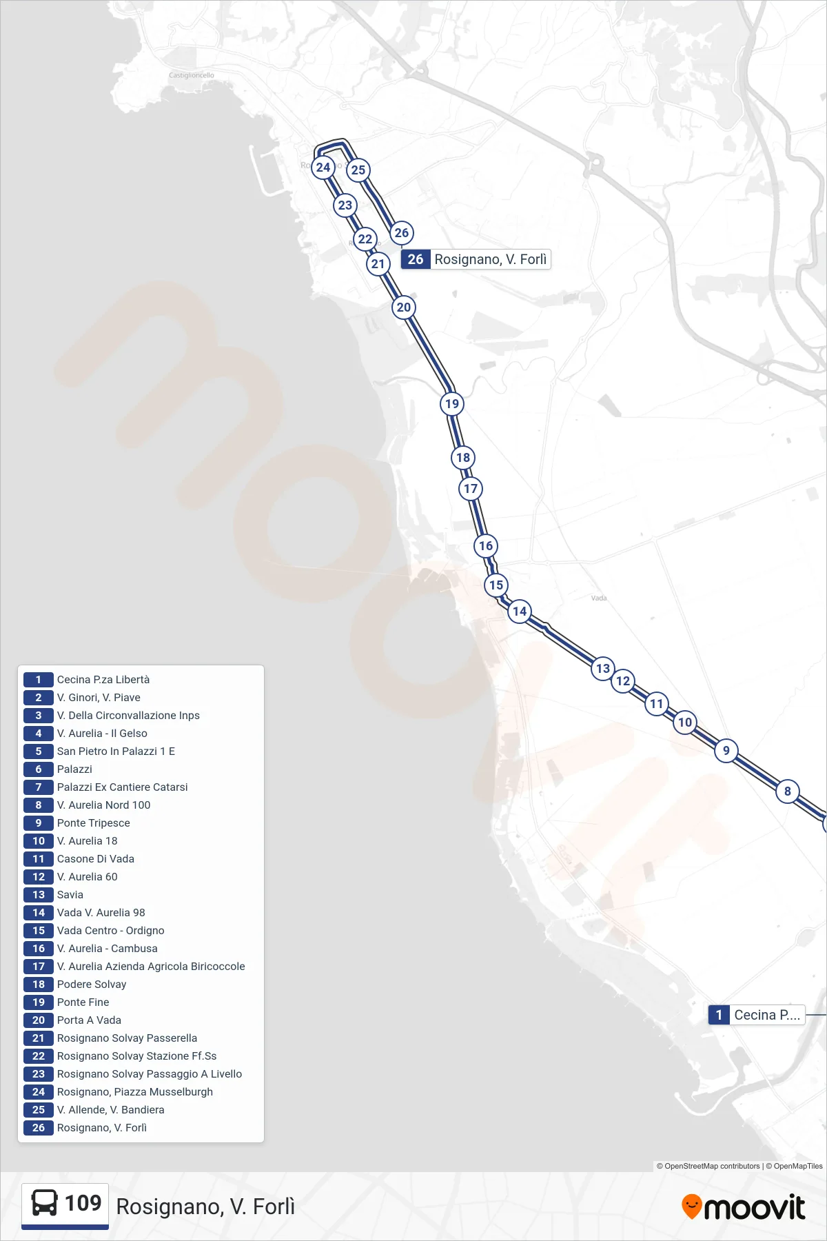 Linea 109  bus (Rosignano, V. Forlì) - Percorsi e fermate sulla mappa