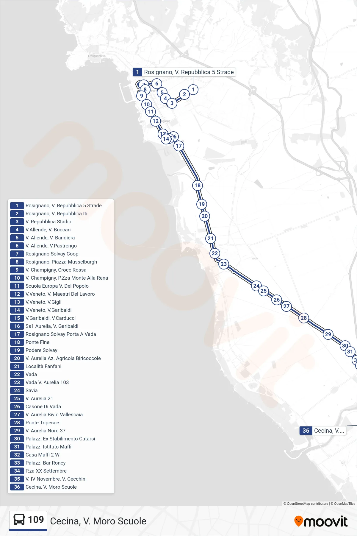 Linea 109 bus (Cecina, V. Moro Scuole) - Percorsi e fermate sulla mappa