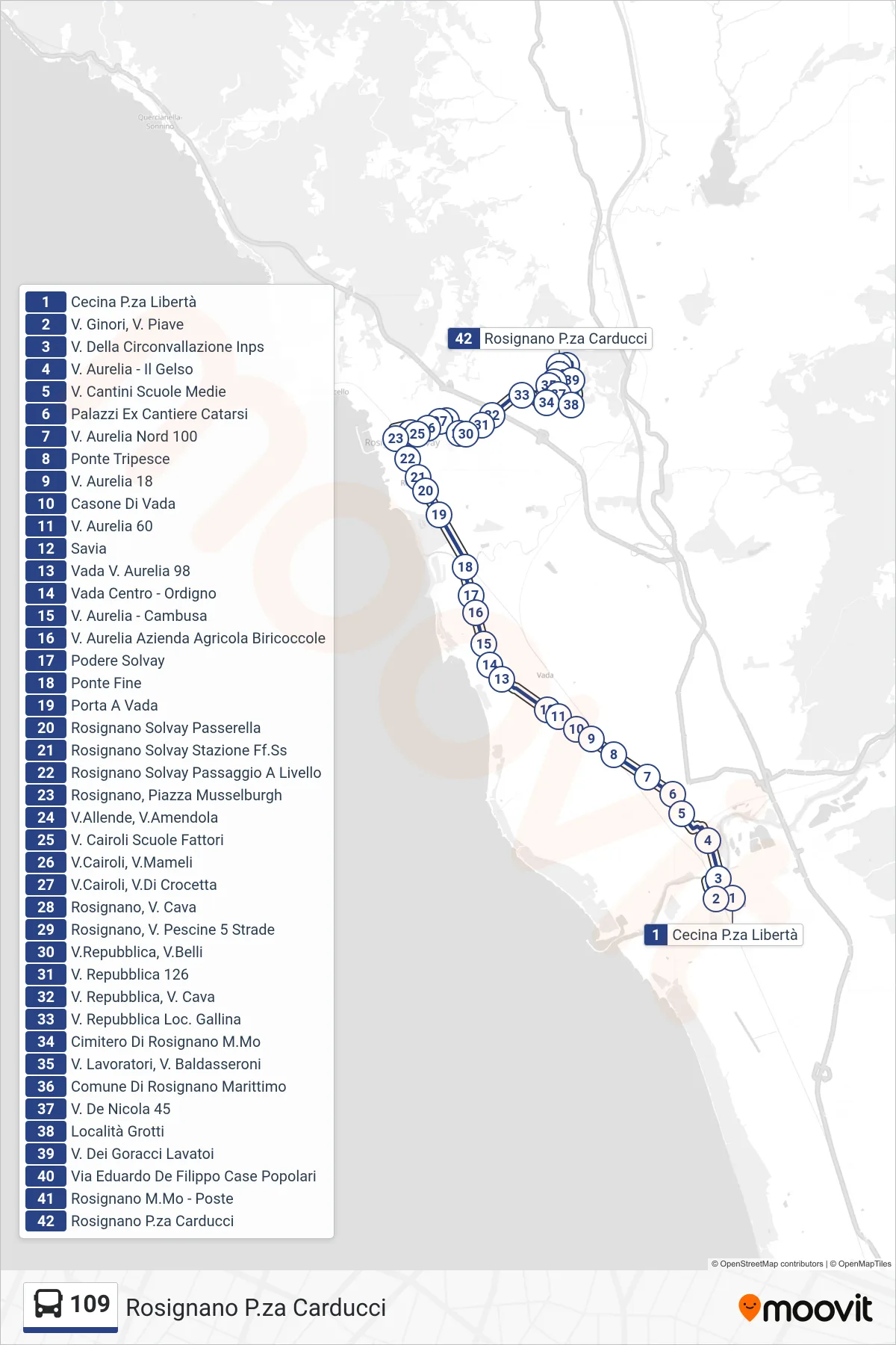 Linea 109 bus (Rosignano P.za Carducci) - Percorsi e fermate sulla mappa