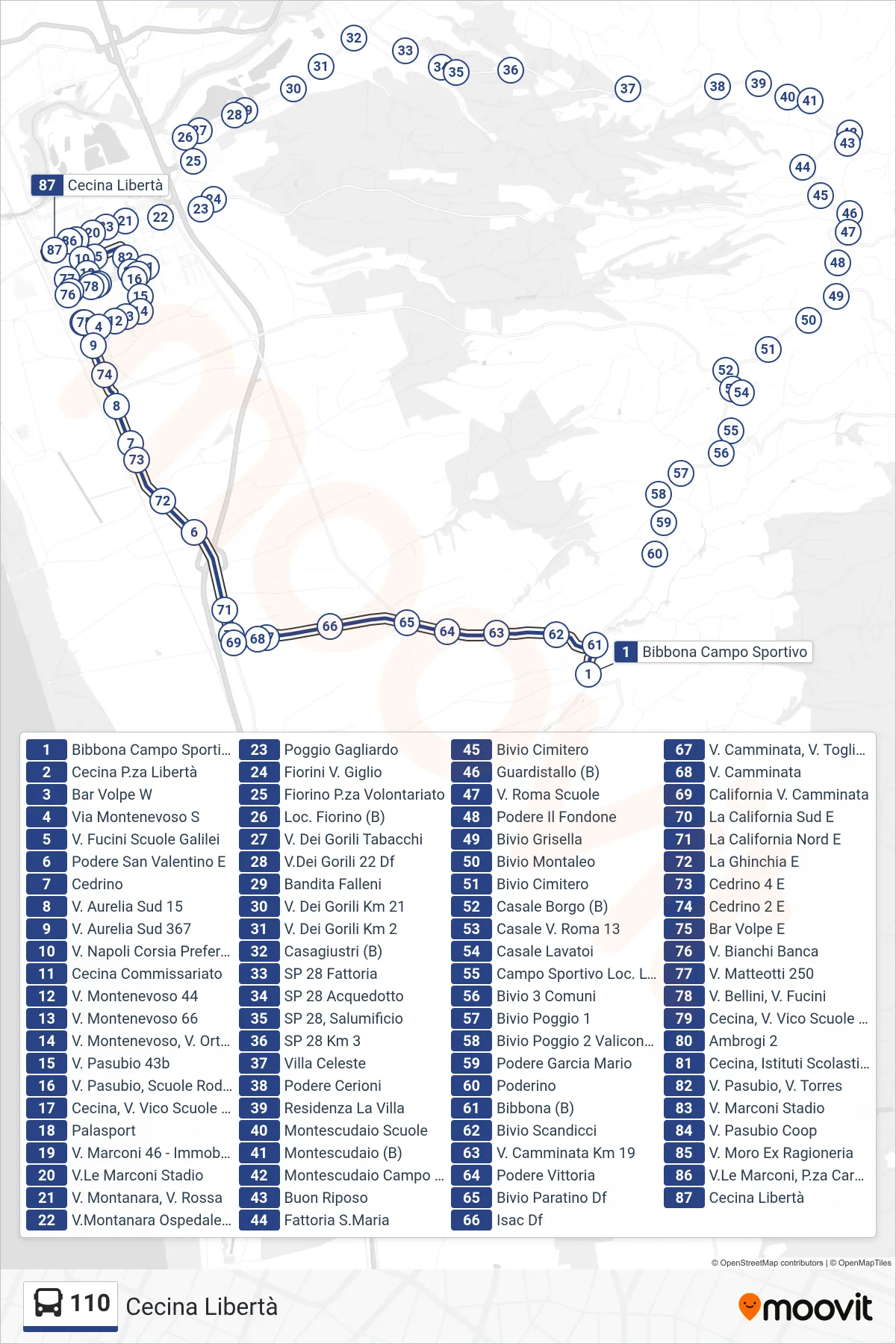 Linea 110  bus (Cecina Libertà) - Percorsi e fermate sulla mappa