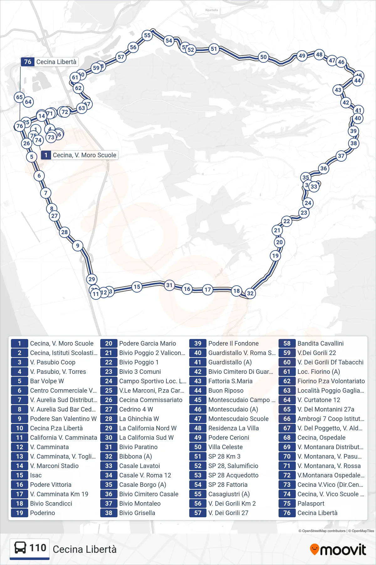 Linea 110 bus (Cecina Libertà) - Percorsi e fermate sulla mappa