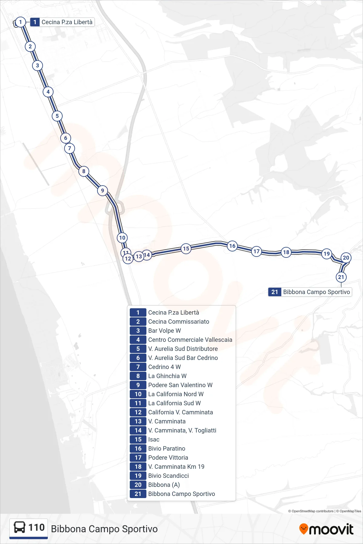 Linea 110 bus (Bibbona Campo Sportivo) - Percorsi e fermate sulla mappa