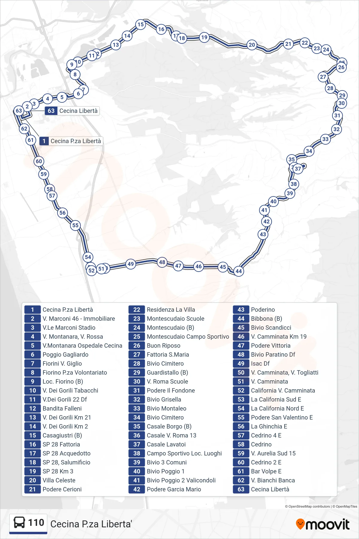 Linea 110 bus (Cecina P.za Liberta') - Percorsi e fermate sulla mappa