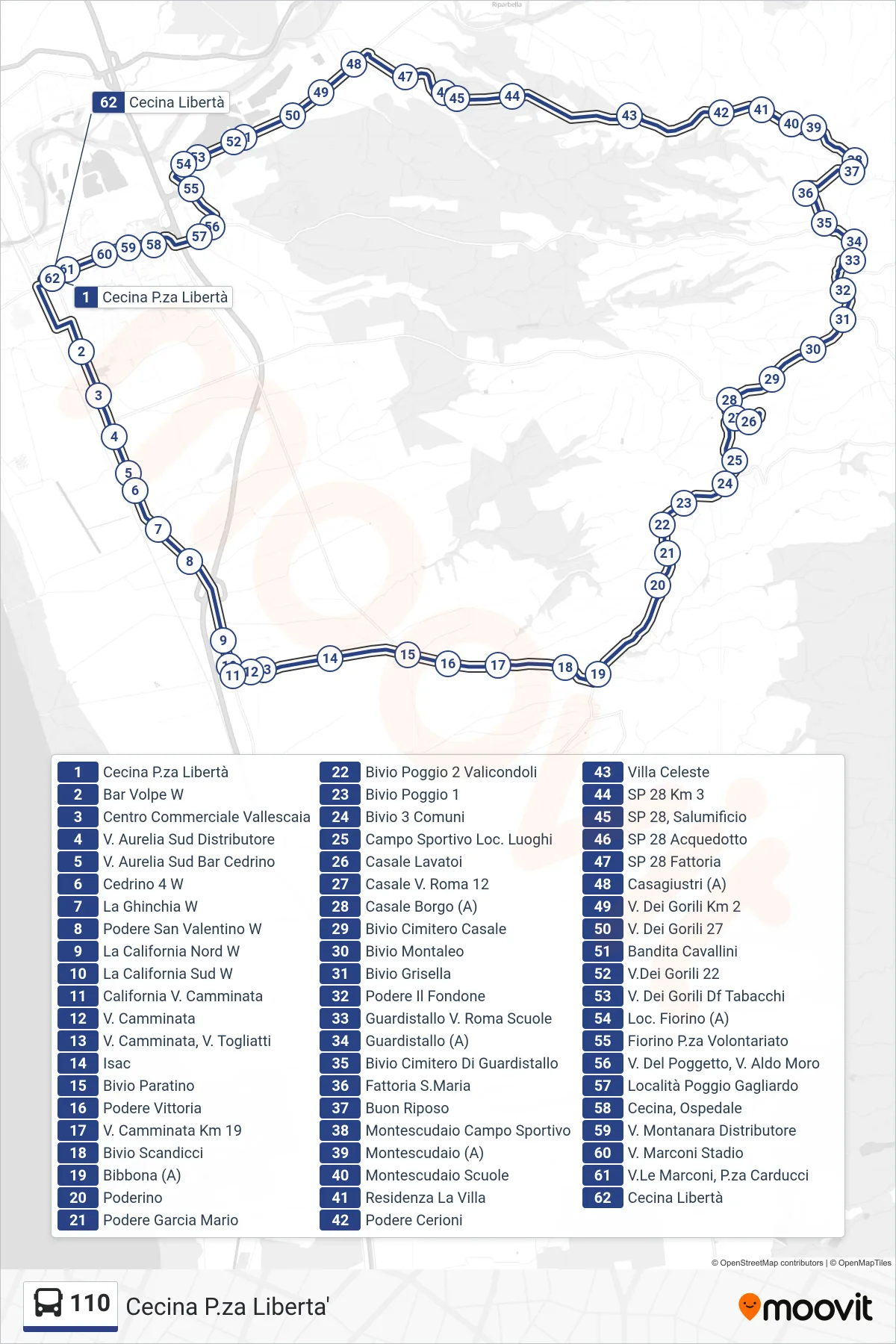 Linea 110 bus (Cecina P.za Liberta') - Percorsi e fermate sulla mappa