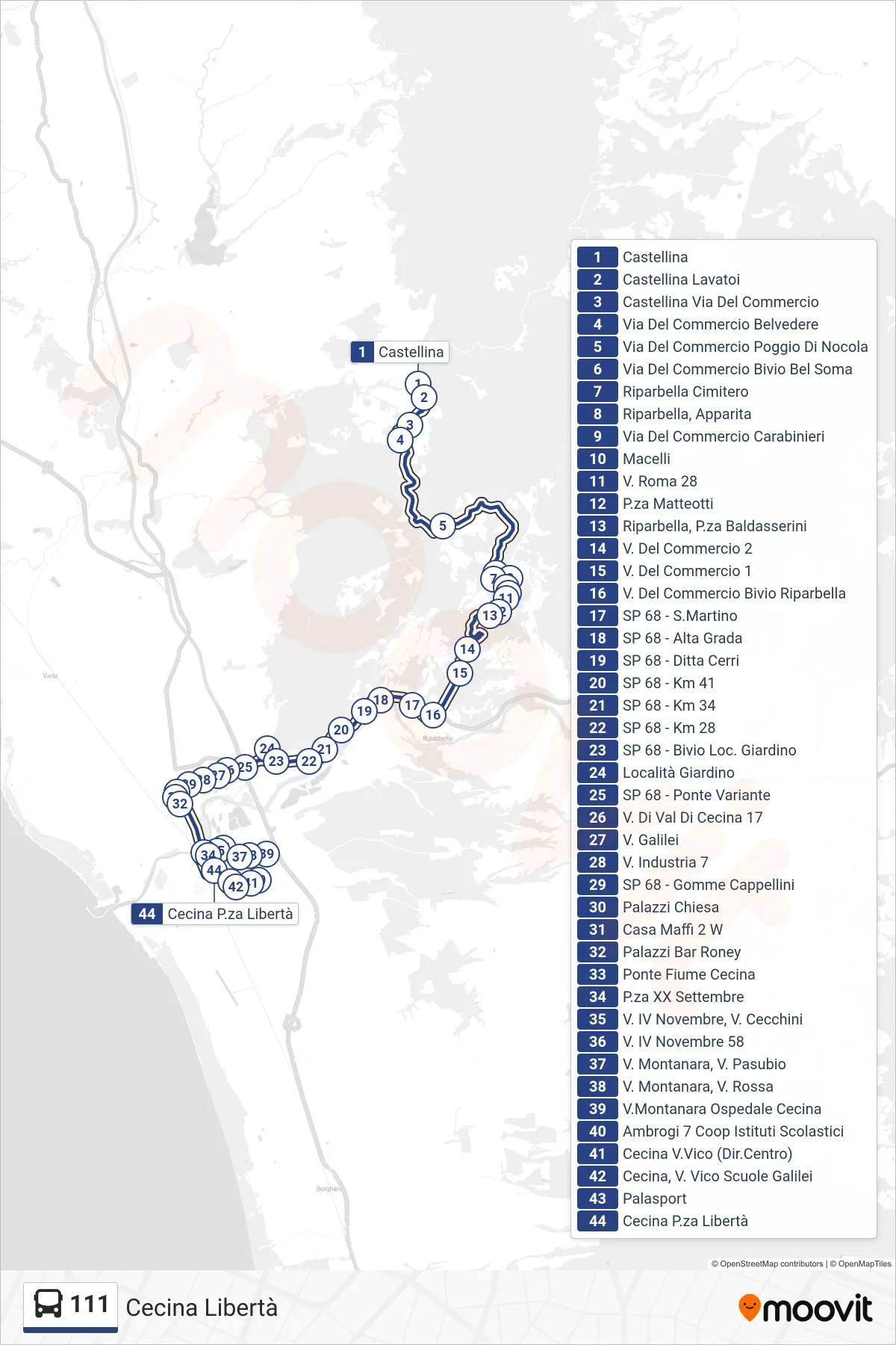 Linea 111  bus (Cecina Libertà) - Percorsi e fermate sulla mappa