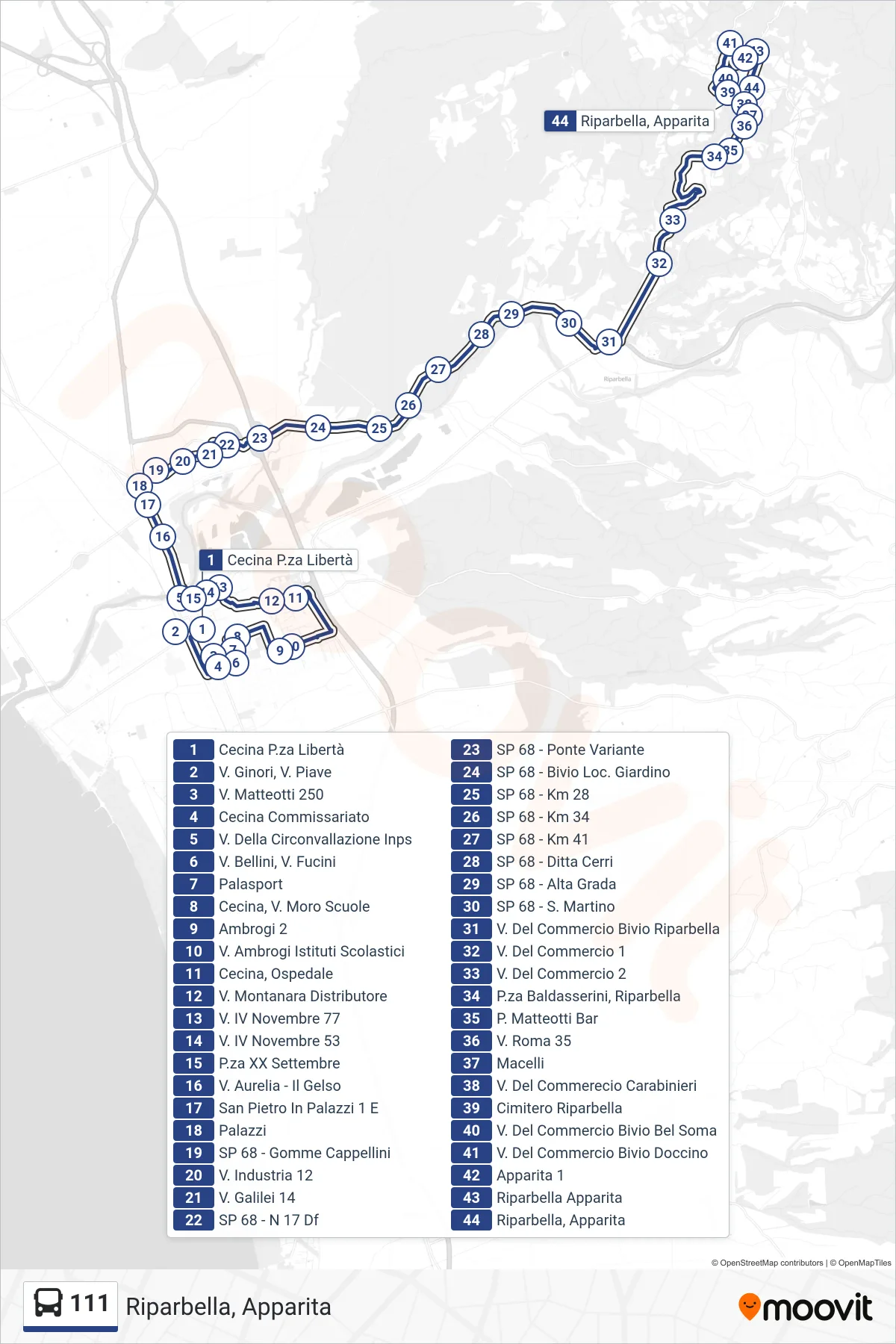 Linea 111 bus (Riparbella, Apparita) - Percorsi e fermate sulla mappa
