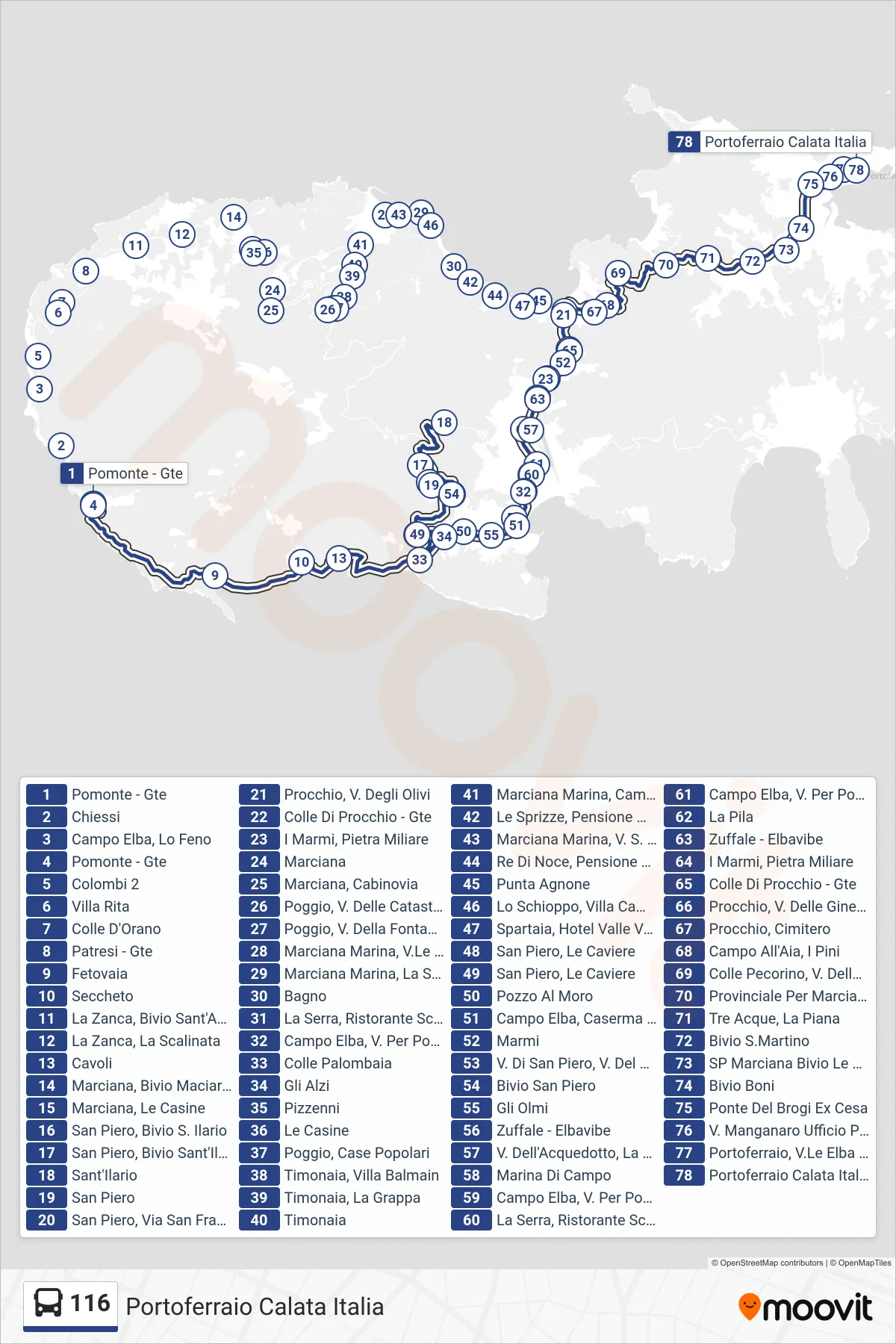 Linea 116 bus (Portoferraio Calata Italia) - Percorsi e fermate sulla mappa
