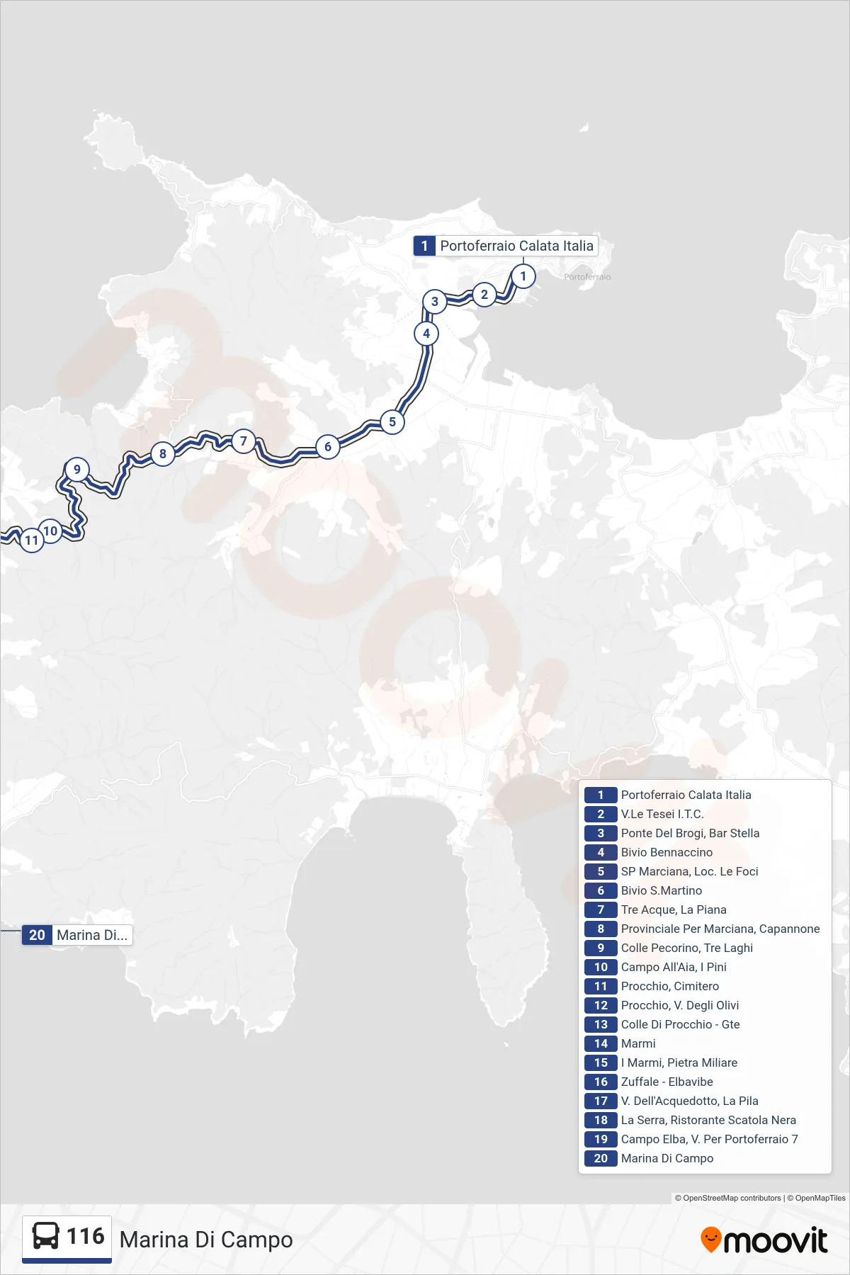 Linea 116 bus (Marina Di Campo) - Percorsi e fermate sulla mappa