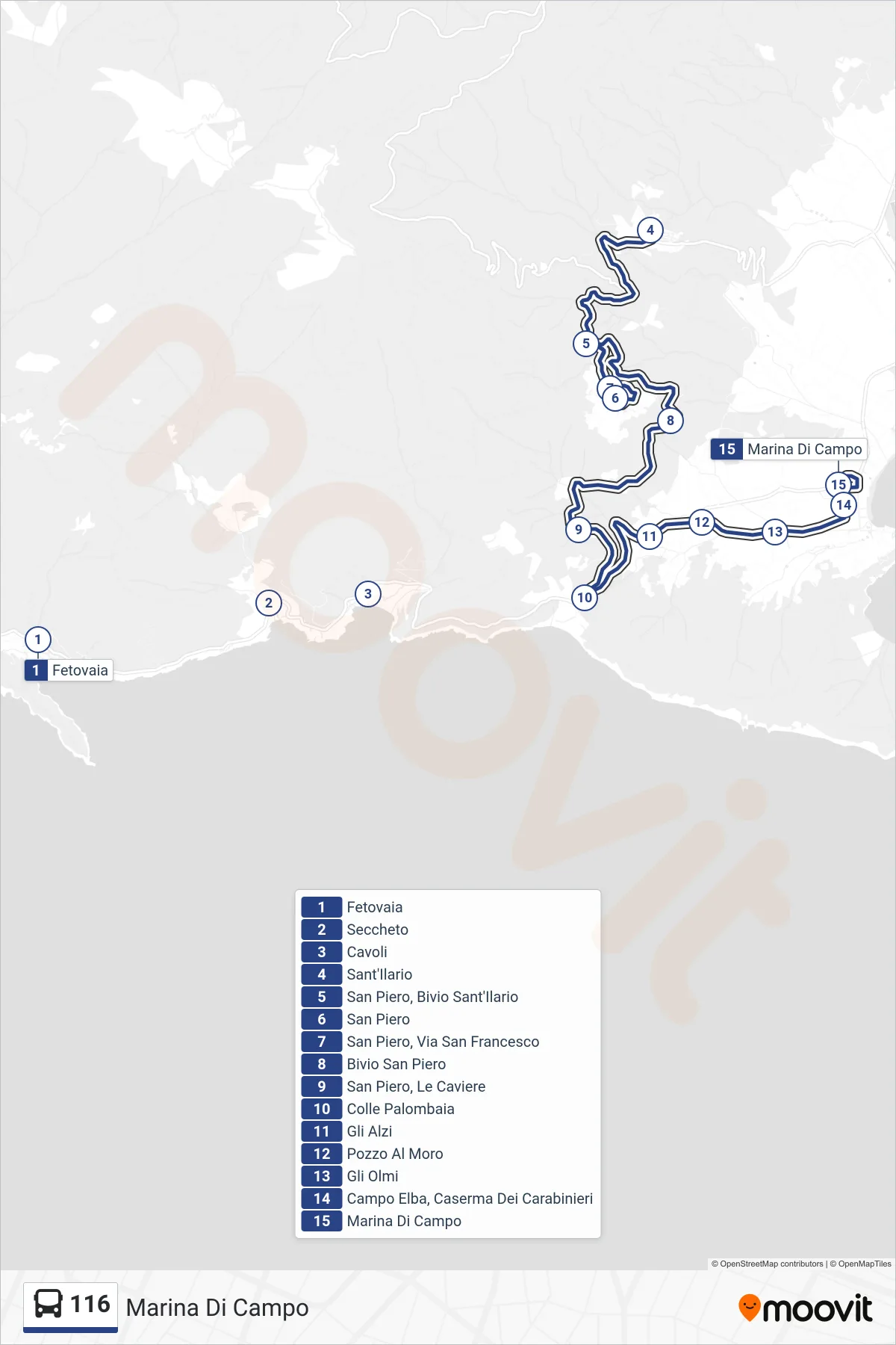 Linea 116 bus (Marina Di Campo) - Percorsi e fermate sulla mappa