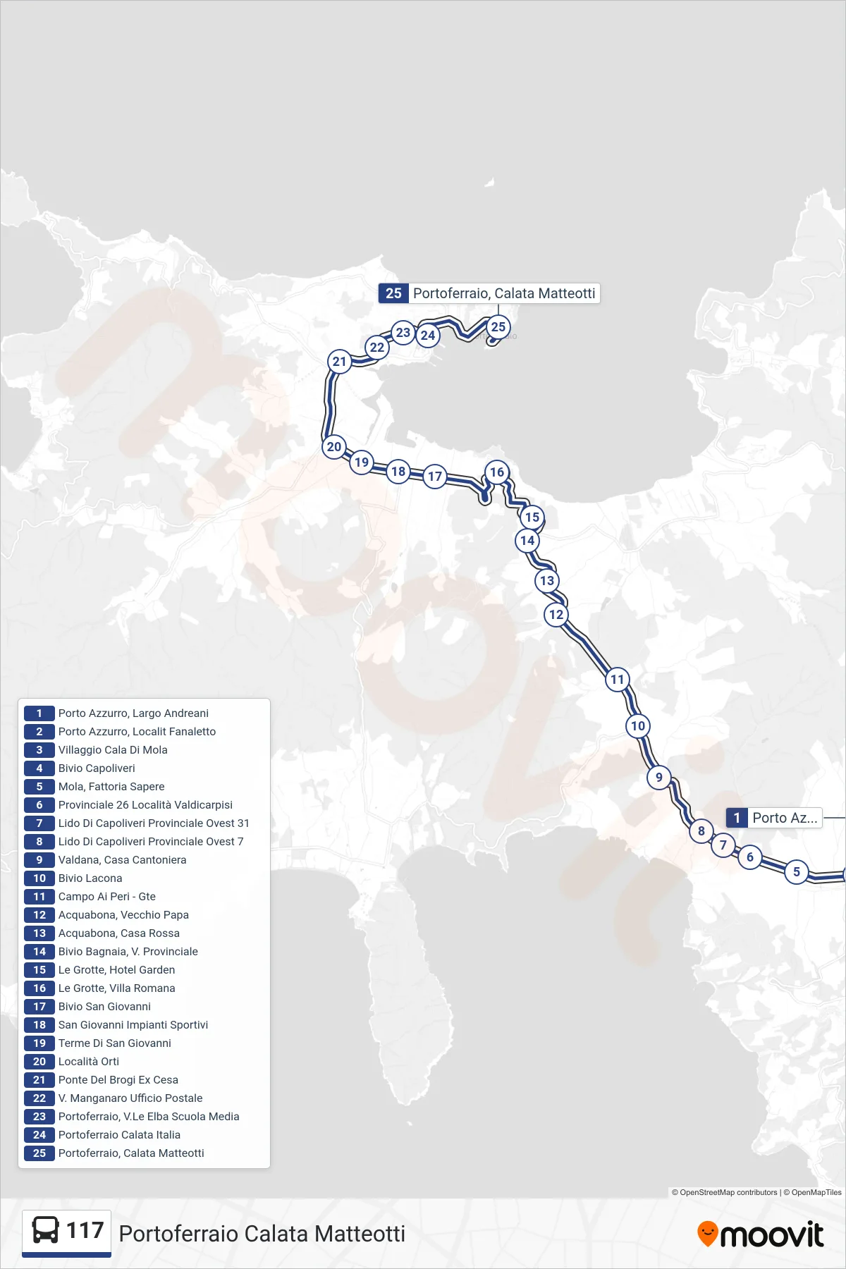 Linea 117 bus (Portoferraio Calata Matteotti) - Percorsi e fermate sulla mappa
