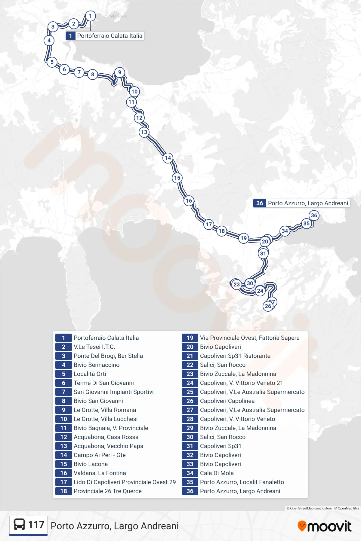 Linea 117 bus (Porto Azzurro, Largo Andreani) - Percorsi e fermate sulla mappa