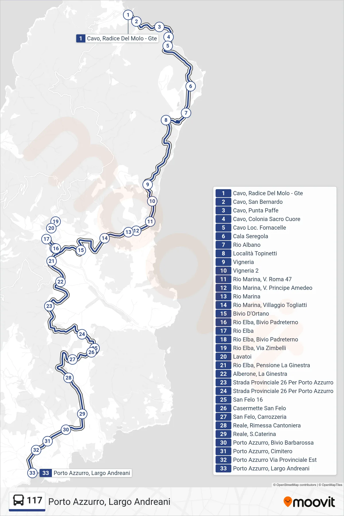 Linea 117 bus (Porto Azzurro, Largo Andreani) - Percorsi e fermate sulla mappa