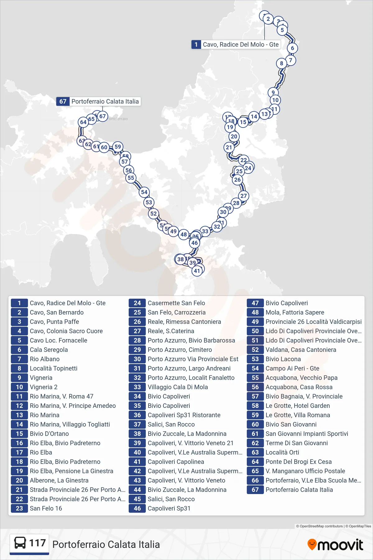 Linea 117 bus (Portoferraio Calata Italia) - Percorsi e fermate sulla mappa