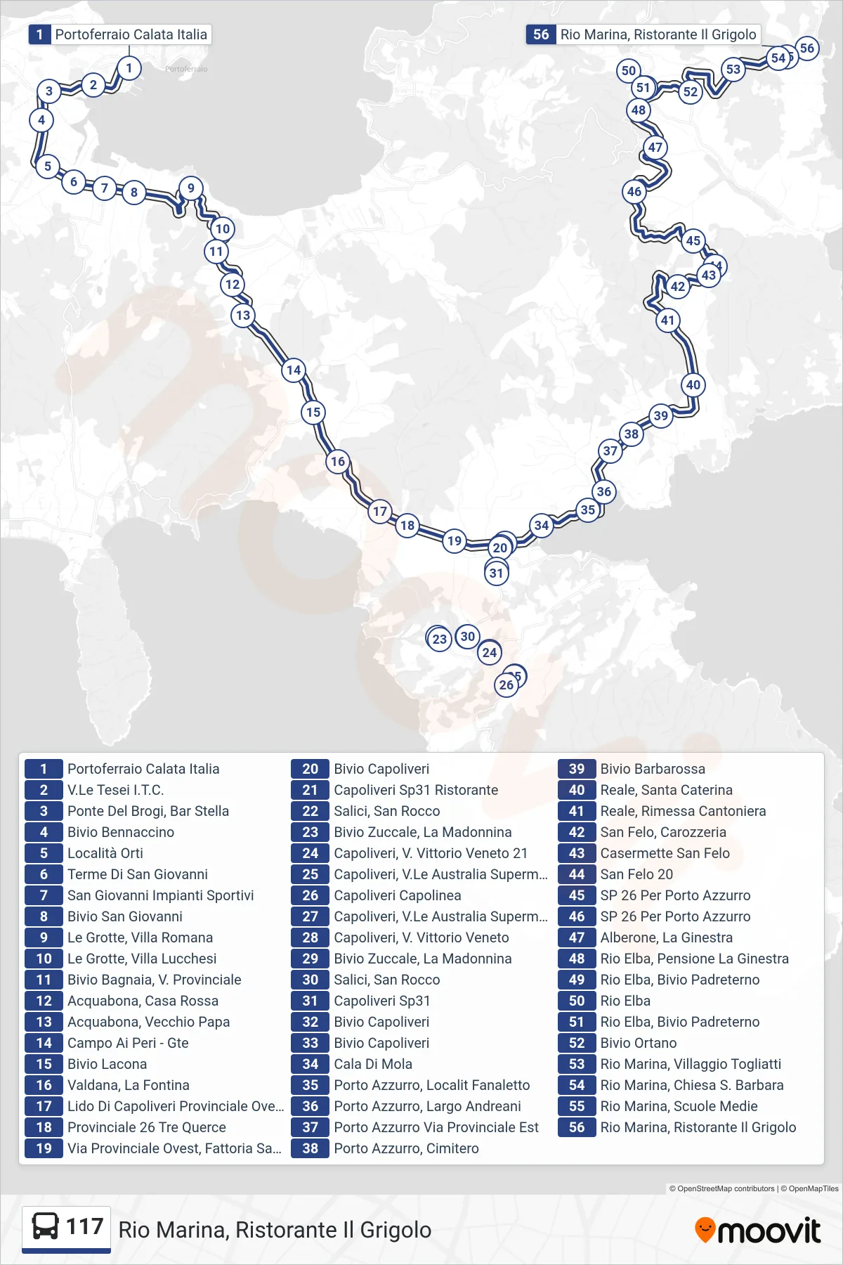 Linea 117 bus (Rio Marina, Ristorante Il Grigolo) - Percorsi e fermate sulla mappa