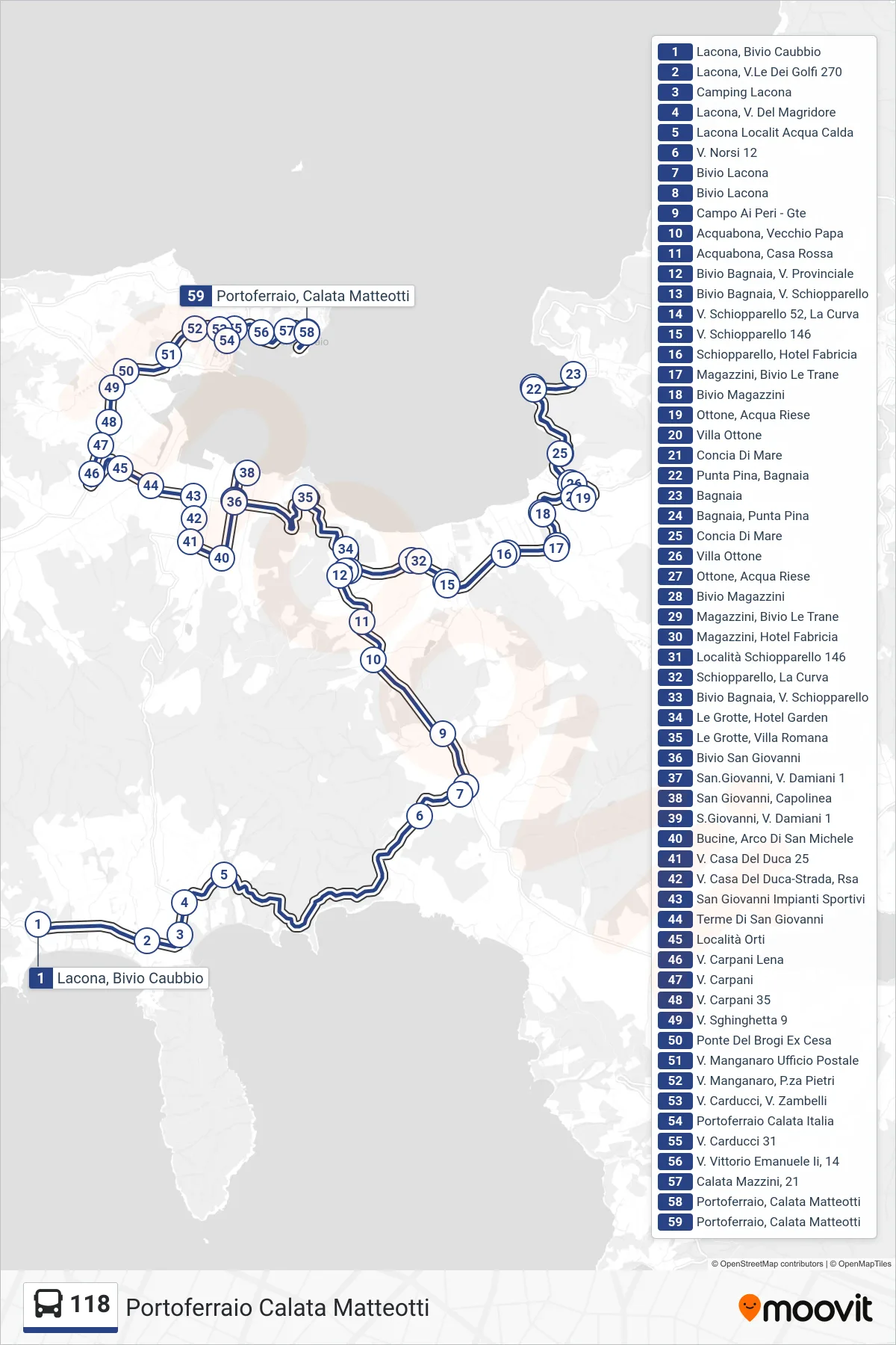 Linea 118  bus (Portoferraio Calata Matteotti) - Percorsi e fermate sulla mappa