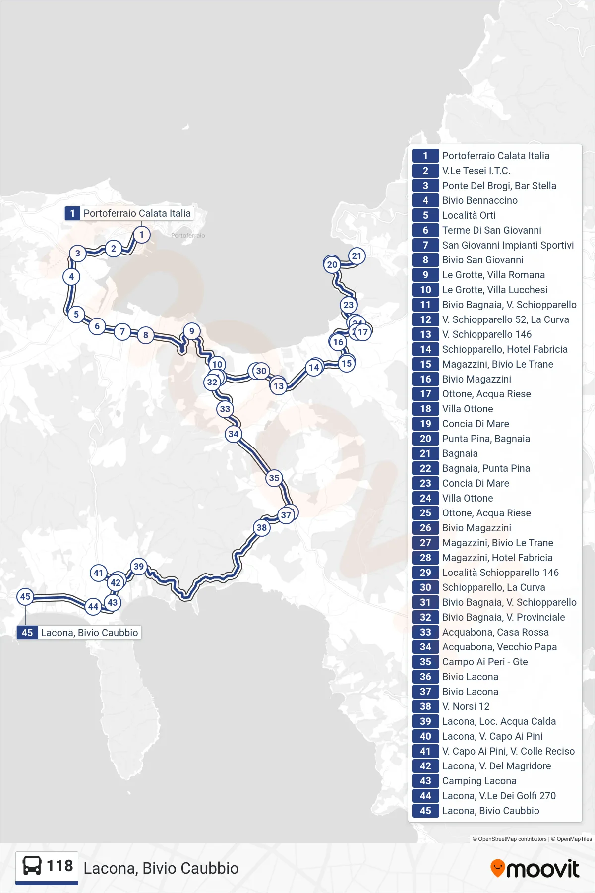 Linea 118  bus (Lacona,  Bivio Caubbio) - Percorsi e fermate sulla mappa