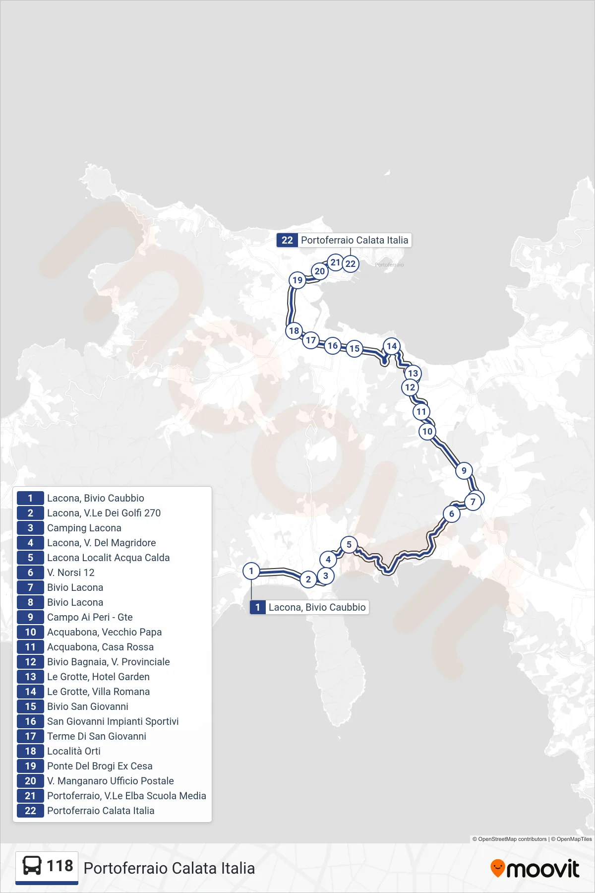 Linea 118  bus (Portoferraio Calata Italia) - Percorsi e fermate sulla mappa