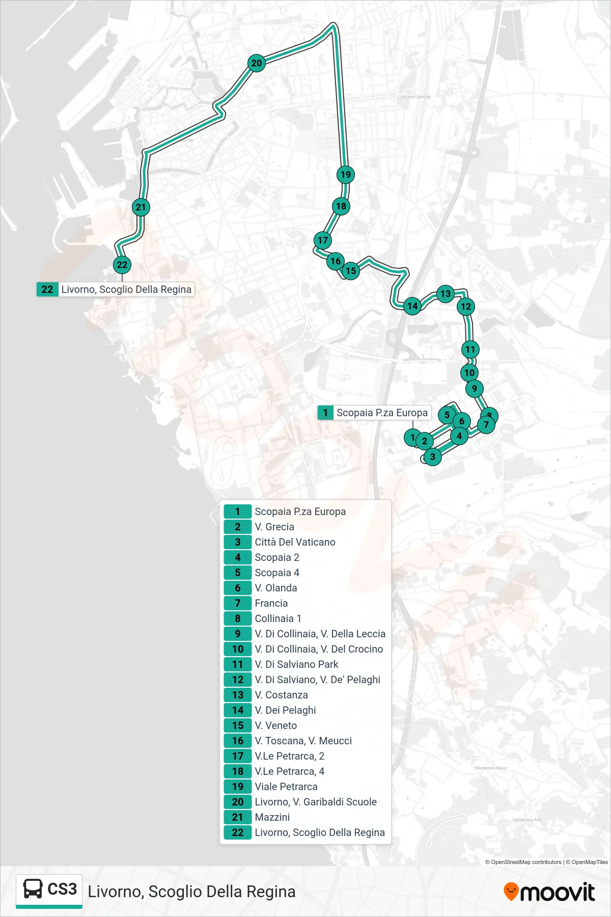 Linea CS3  bus (Livorno, Scoglio Della Regina) - Percorsi e fermate sulla mappa