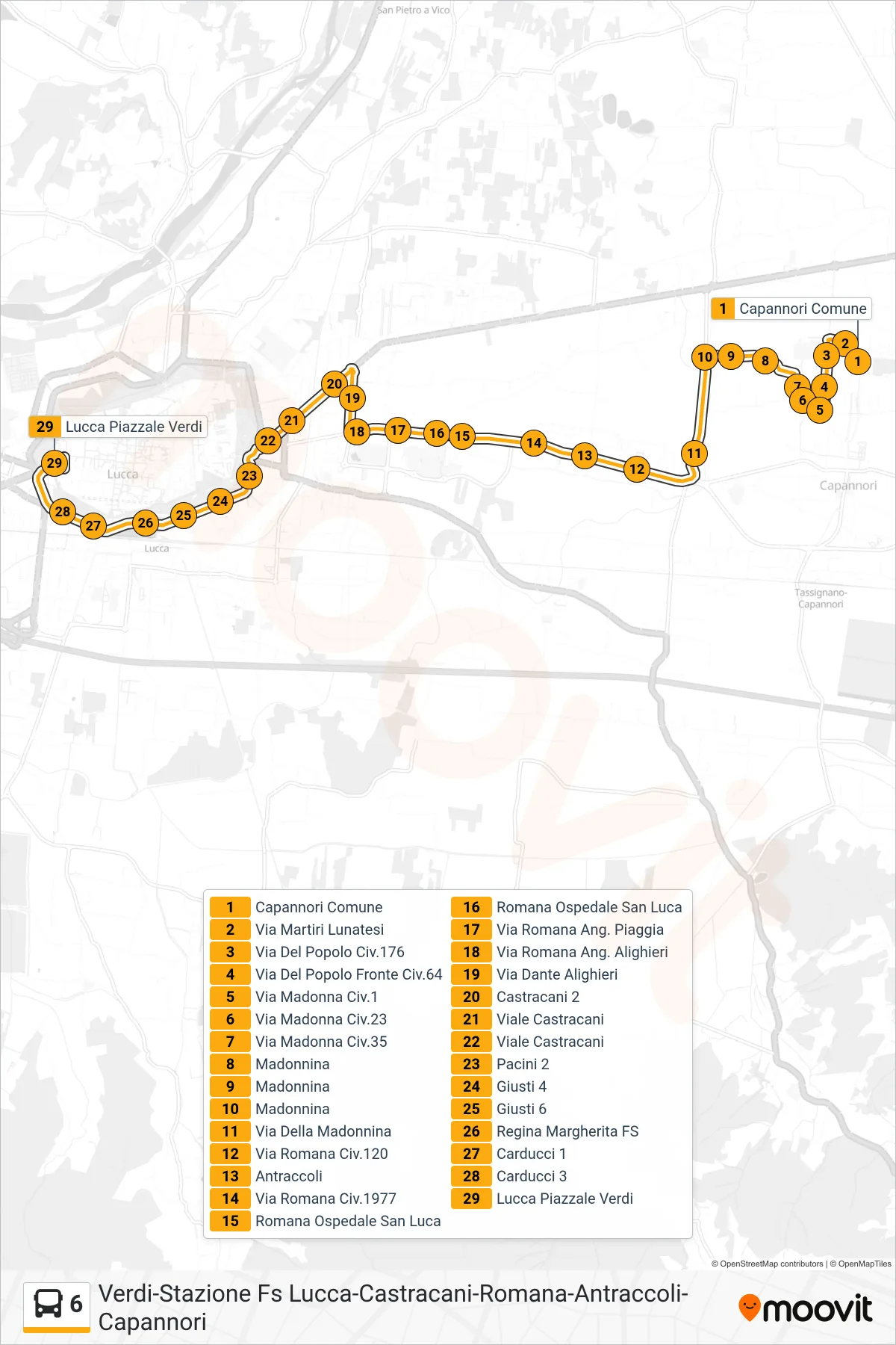 Linea 6 bus (Lucca Piazzale Verdi) - Percorsi e fermate sulla mappa